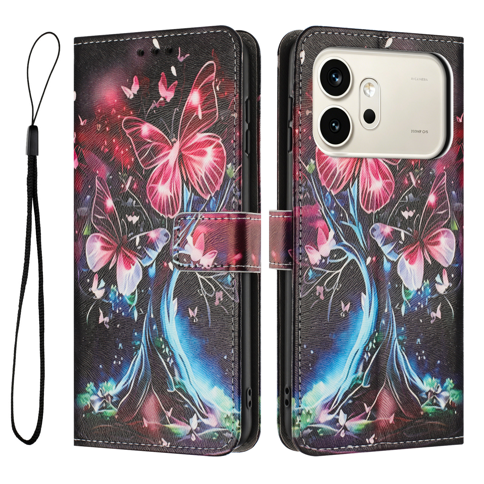 For Honor 600 Pro 5G / Honor 600 5G Wallet Case Pattern Printing PU Leather Phone Cover with Lanyard - Butterfly Tree