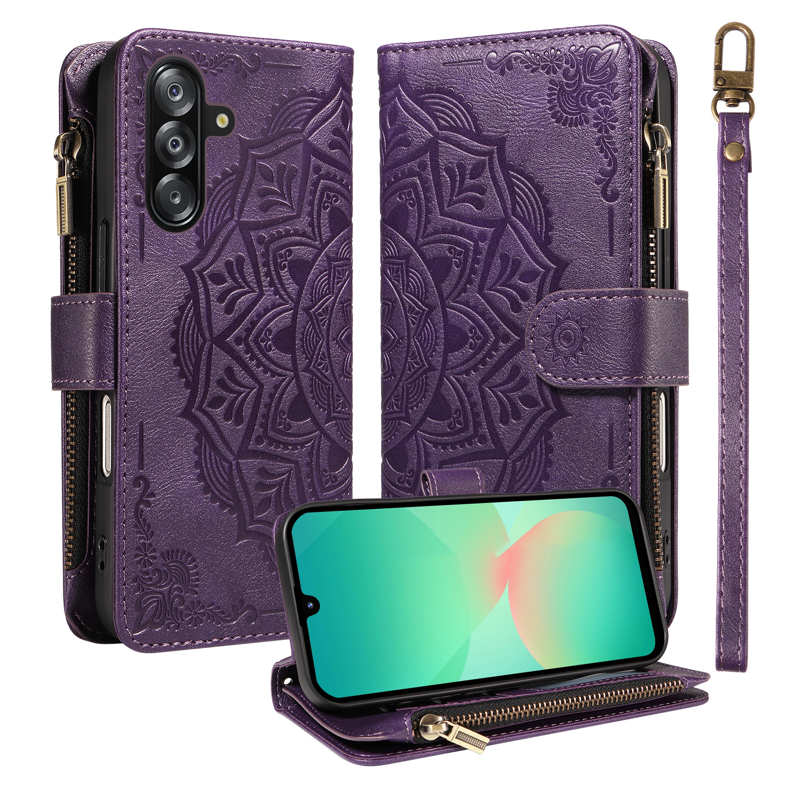 For Samsung Galaxy A16 5G / Galaxy A16 4G / Galaxy A17 5G / Galaxy A17 4G / Galaxy A26 5G Wallet Case Mandala Embossed Leather Flip Cover 9 Card Slots
