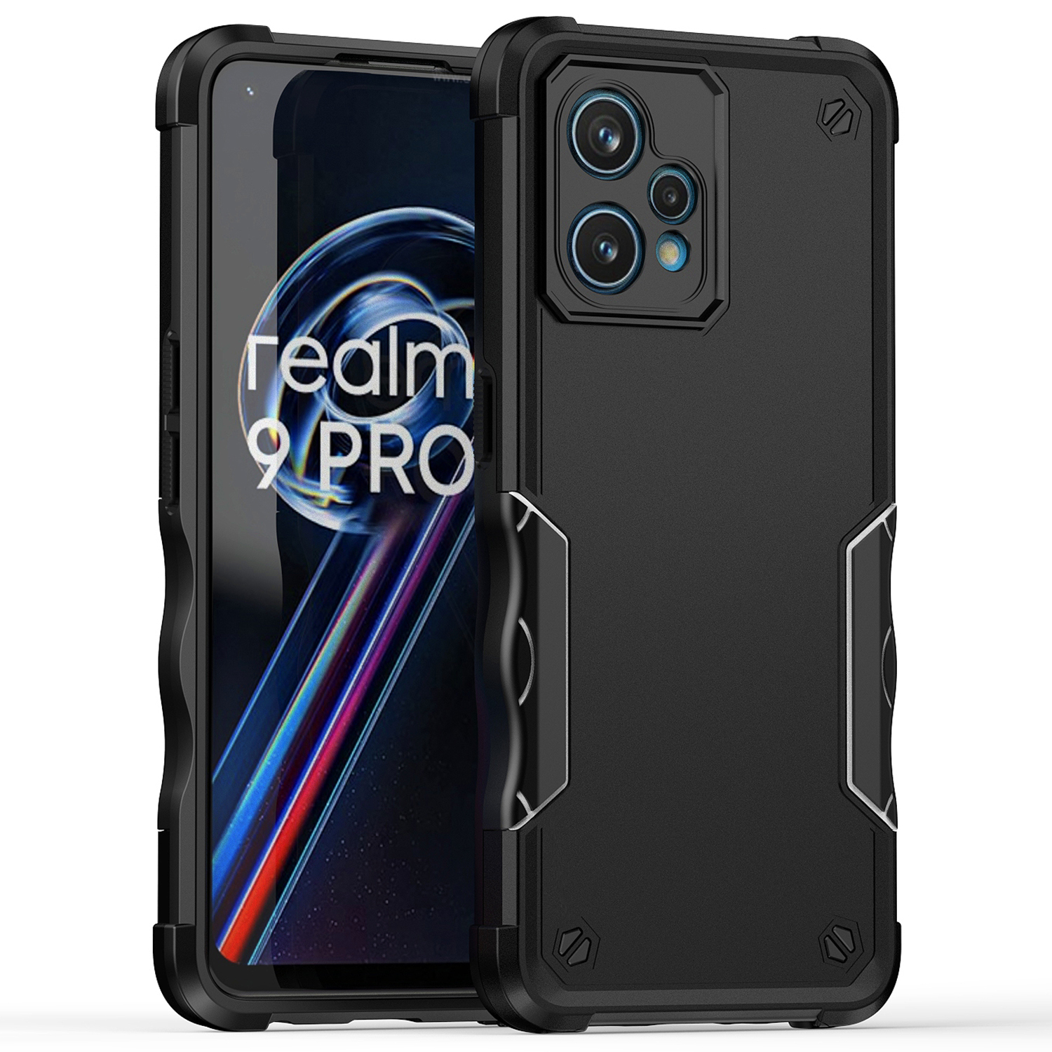 

Für Realme 9 Pro+ 5G Flexible TPU Hard PC Dual Layer Protection Case Anti-rutsch-grip-schockdeladung Telefonabdeckung - Schwarz, Realme 9 Pro+ 5G
