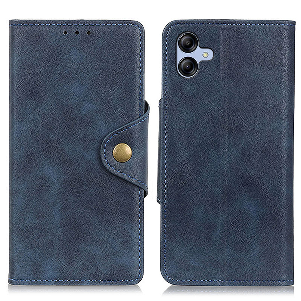 

For Samsung Galaxy A04e 4G / F04 4G / M04 4G Magnetic Brass Buckle Phone Case PU Leather Wallet Shockproof Cover with Foldable Stand - Blue, Galaxy A04e 4G