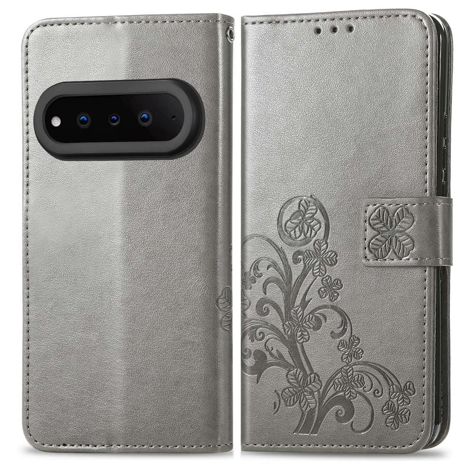 For Natural AI Phone Leather Case Four-Leaf Clover Wallet Phone Cover - Grey