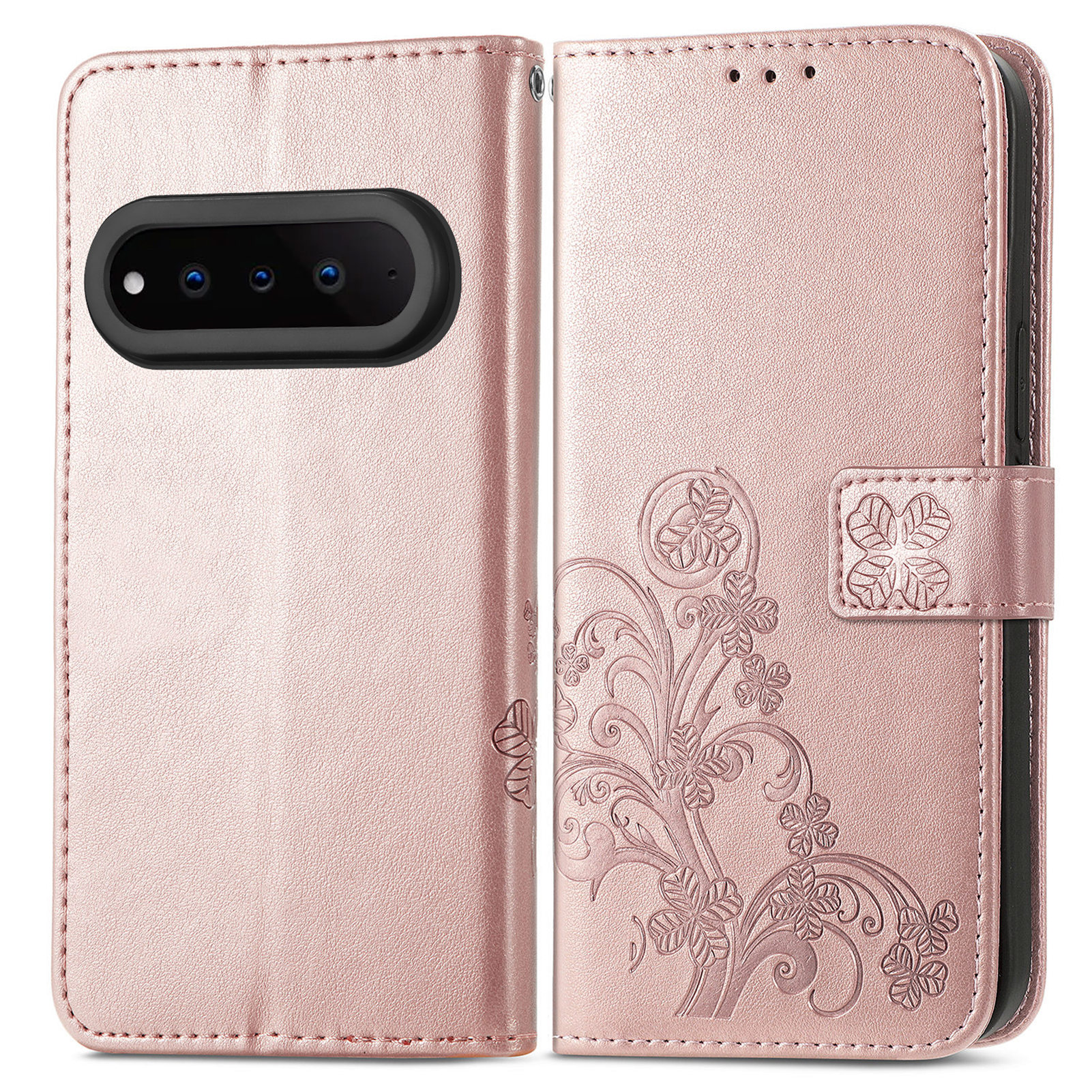 For Natural AI Phone Leather Case Four-Leaf Clover Wallet Phone Cover - Rose Gold