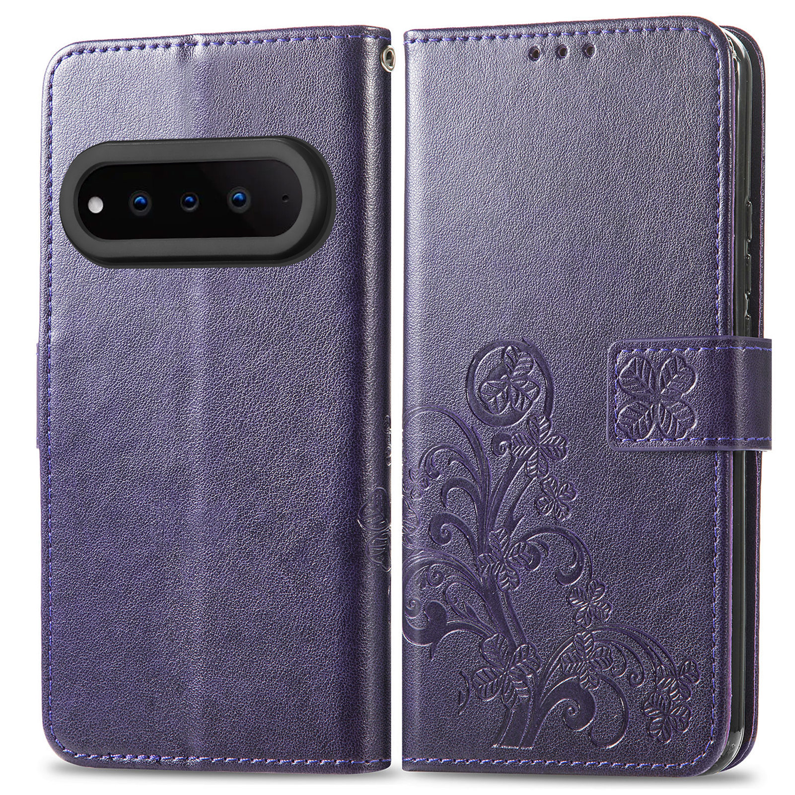 For Natural AI Phone Leather Case Four-Leaf Clover Wallet Phone Cover - Purple
