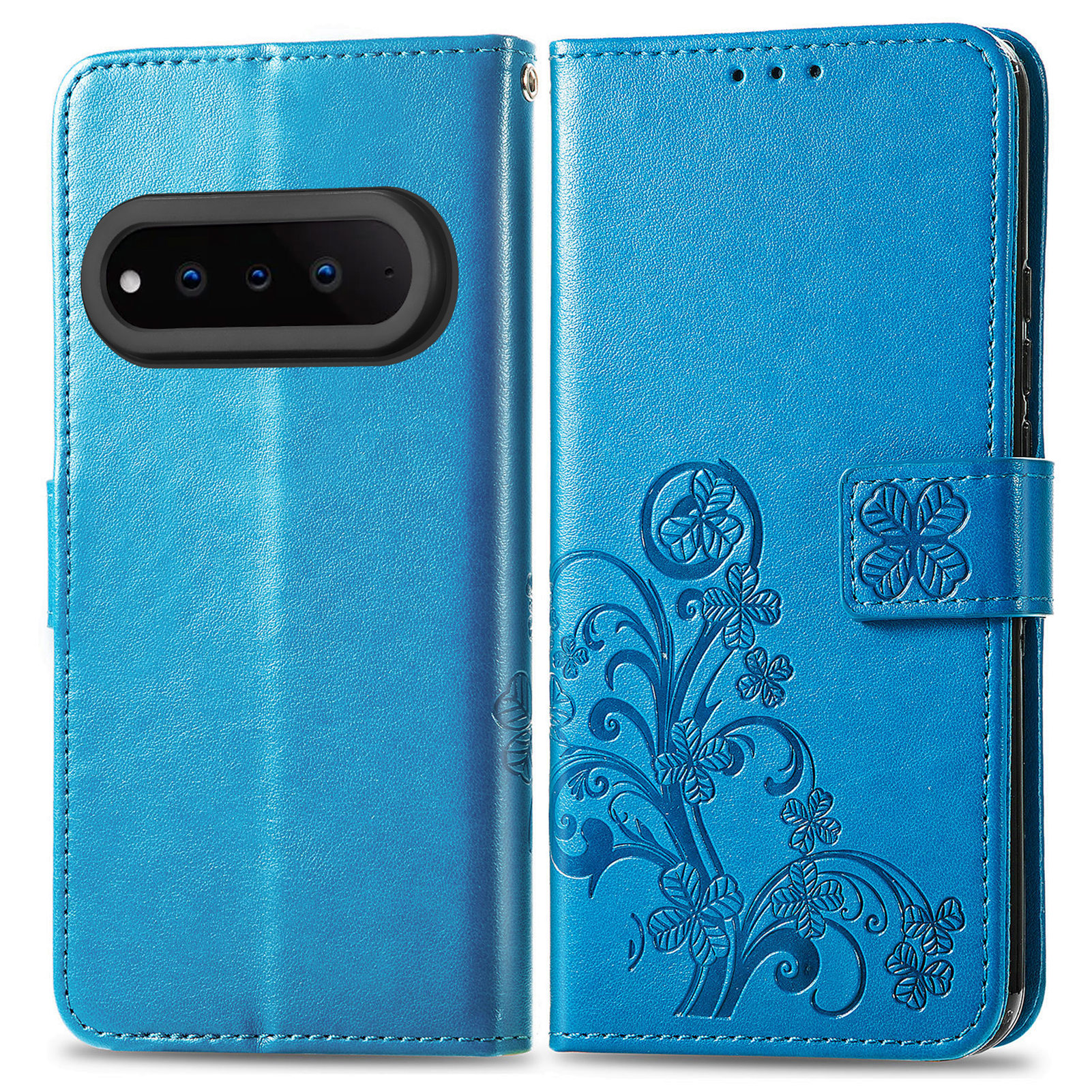 For Natural AI Phone Leather Case Four-Leaf Clover Wallet Phone Cover - Blue