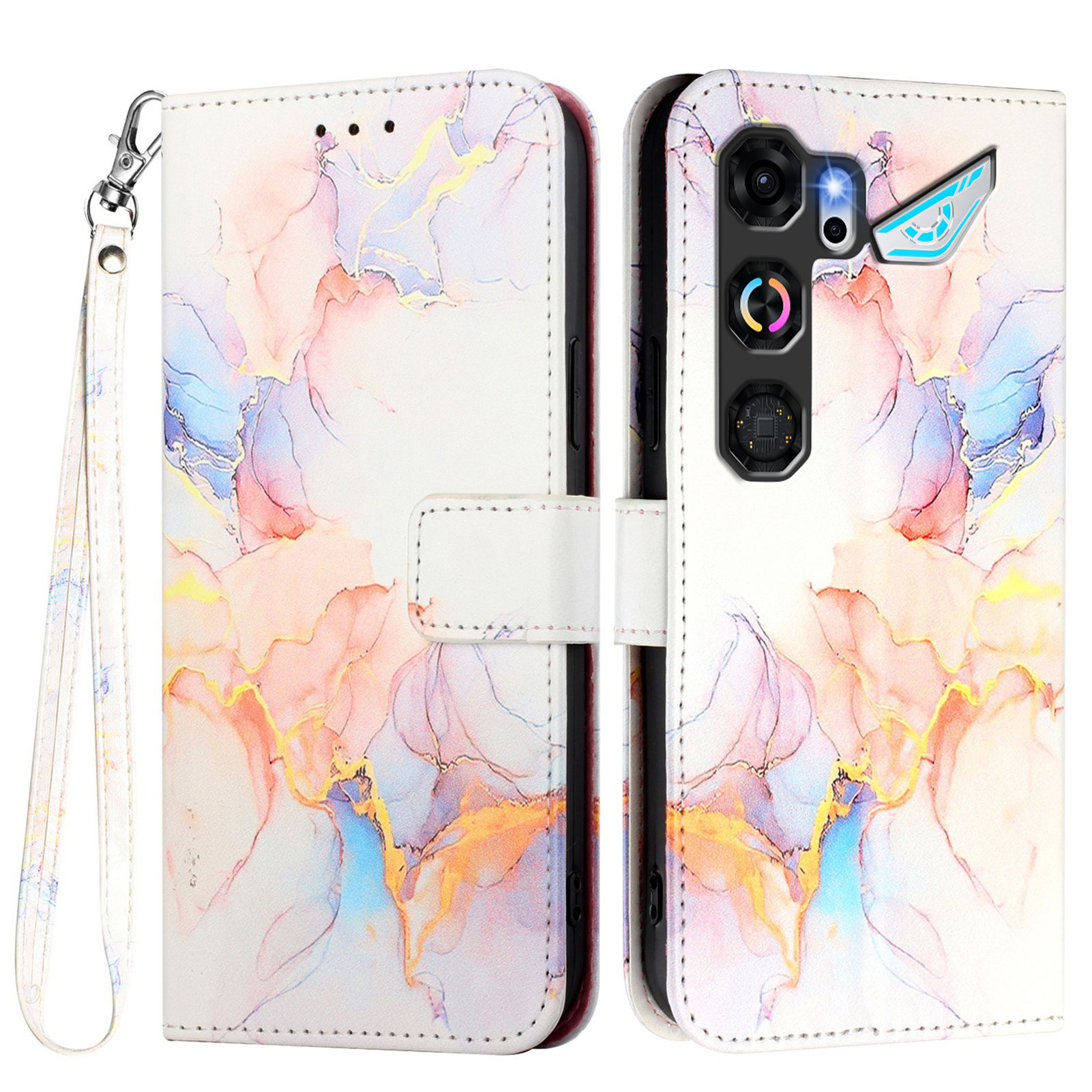 For ZTE nubia Neo 5 GT 5G Case with Strap Marble Pattern Leather Phone Cover Card Holder - Milky Way Marble White LS004