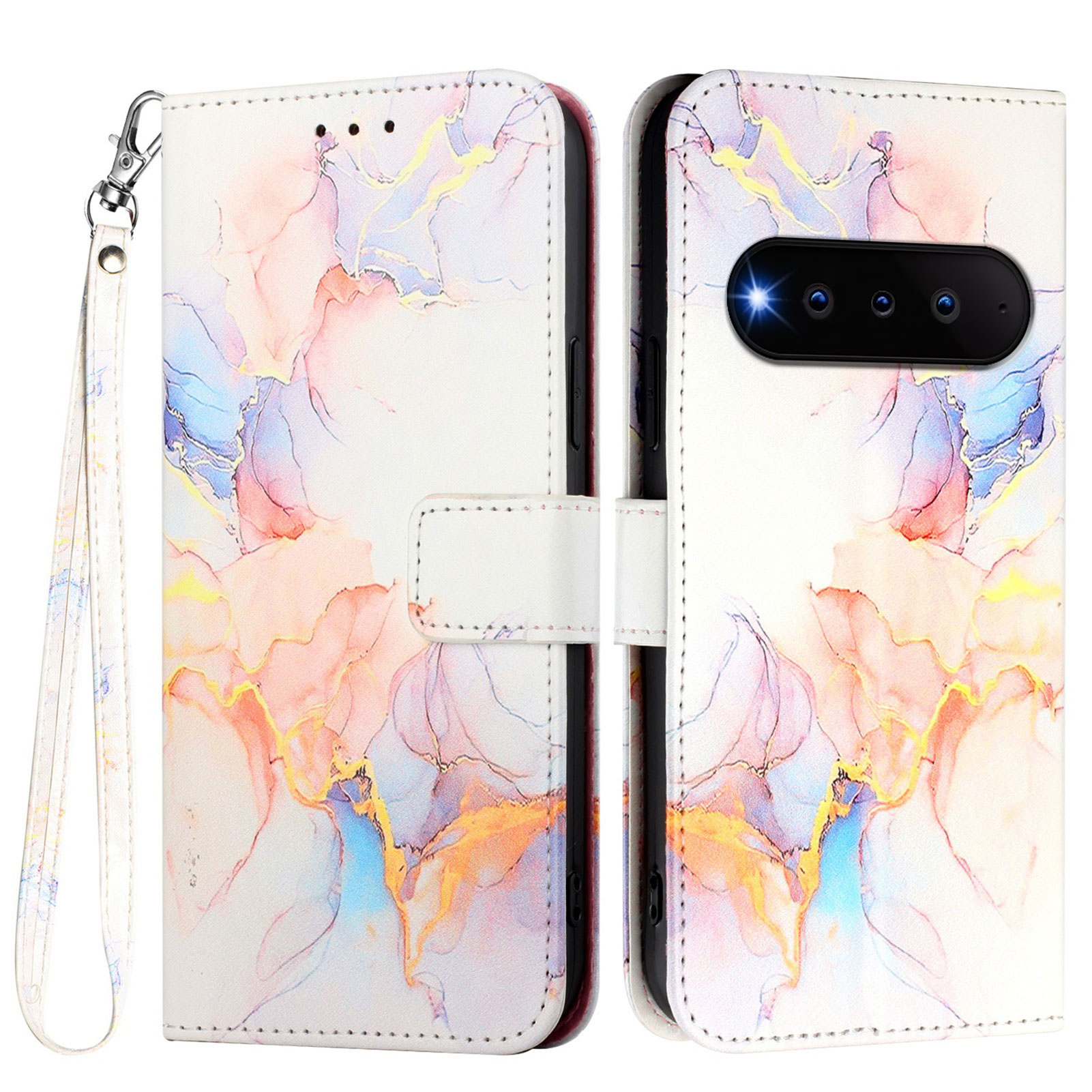 For Natural AI Phone Case with Strap Marble Pattern Leather Phone Cover Card Holder - Milky Way Marble White LS004