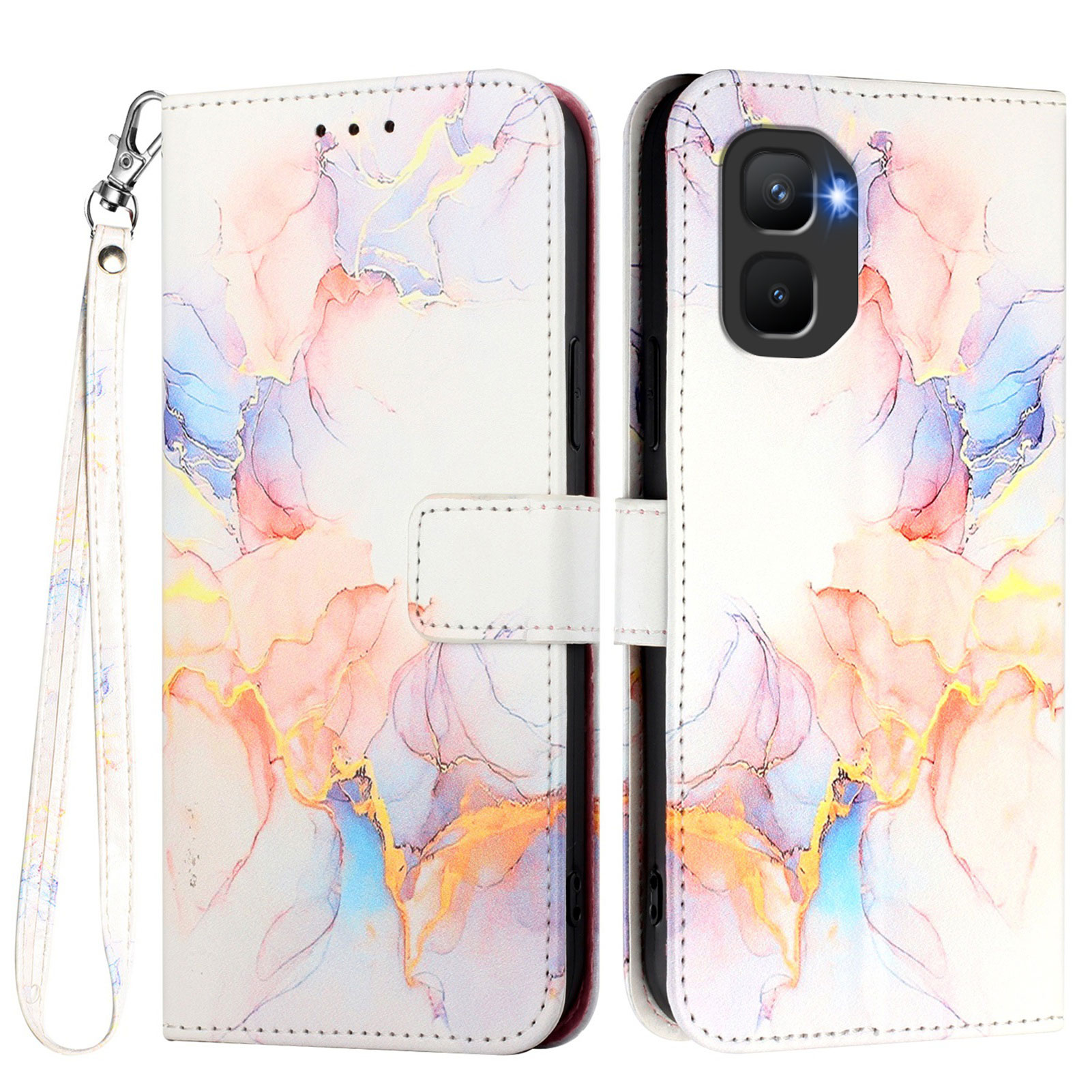 For Infinix GT 50 Pro 5G Case with Strap Marble Pattern Leather Phone Cover Card Holder - Milky Way Marble White LS004