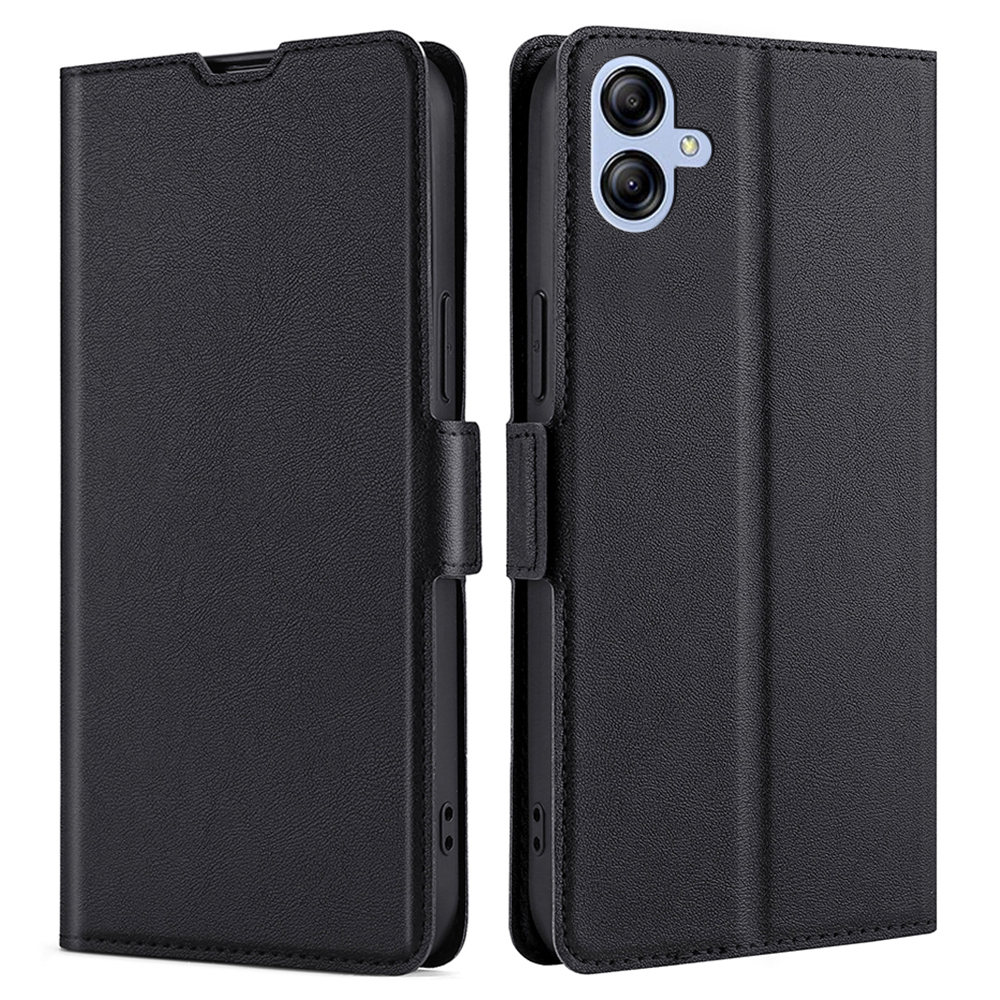 

For Samsung Galaxy A04e 4G / F04 4G / M04 4G PU Leather Hands-free Stand Phone Cover Dual Magnetic Clasp Card Holder Protective Case - Black, Galaxy A04e 4G