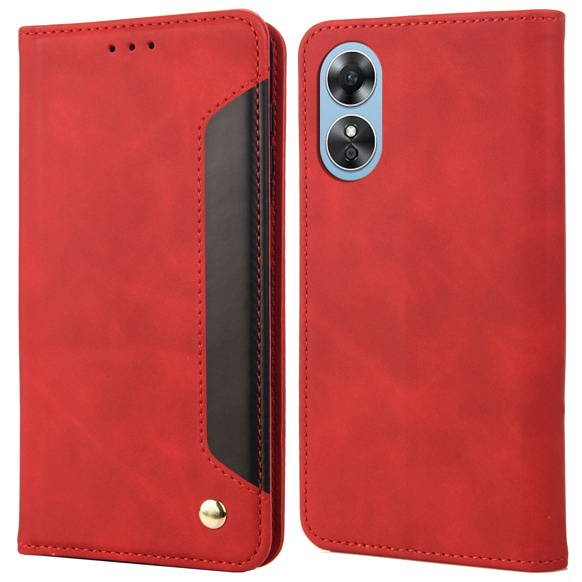 

Für Oppo A17 4G Phone Hülle Farbe Spleißen Hauttouch PU Leder Magnetic Auto Schließständer Brieftasche Abdeckung - Rot, Oppo A17 4G