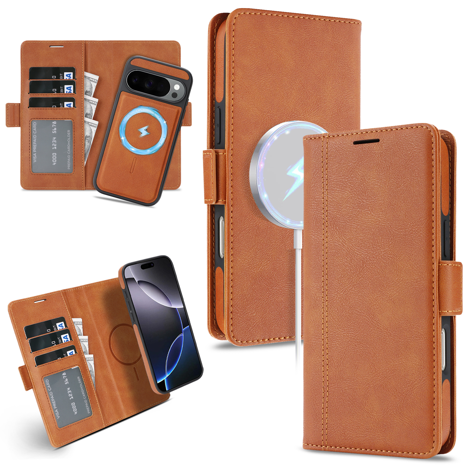 Magnetic Case For Google Pixel 10 / Pixel 10 Pro / Pixel 9 / Pixel 9 Pro Detachable 2 in 1 Leather Wallet Phone Cover - Brown