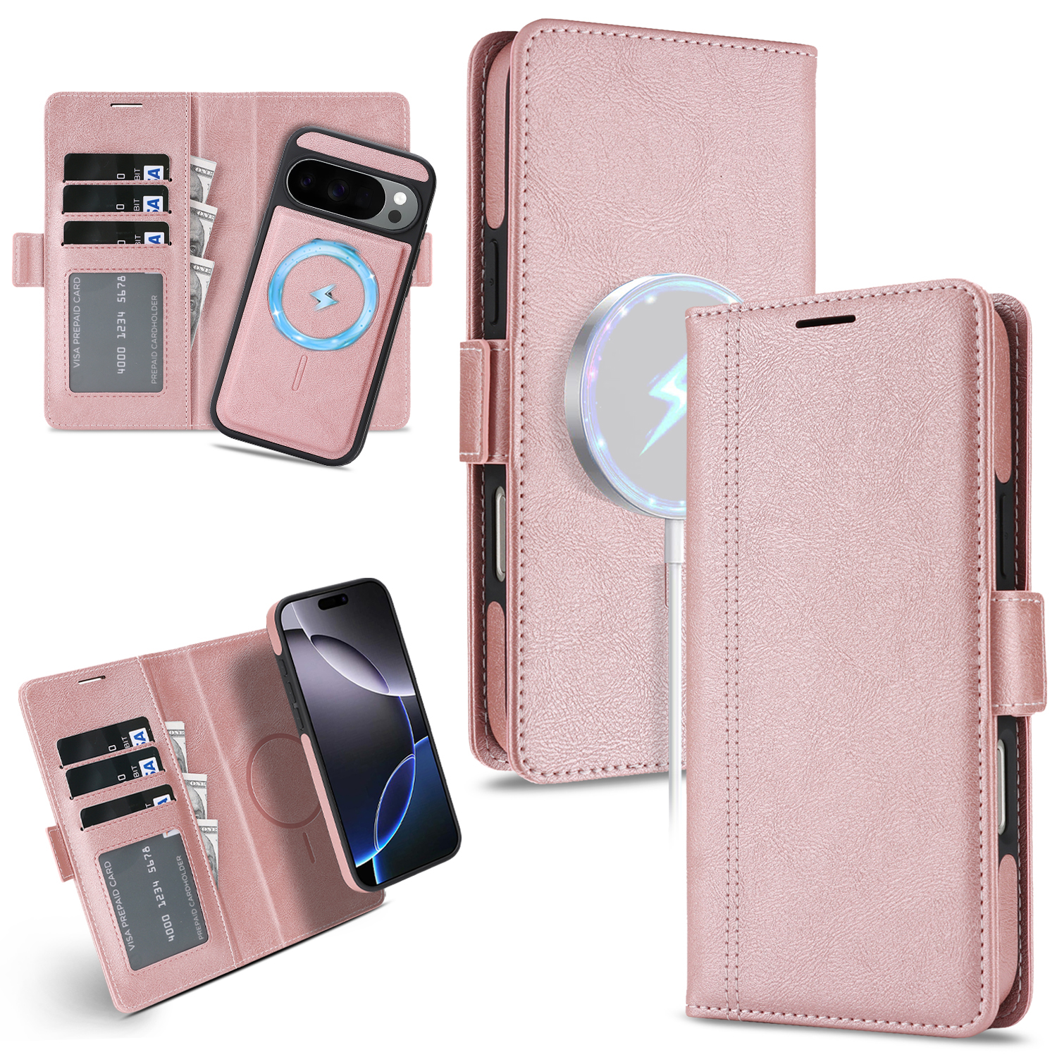 Magnetic Case For Google Pixel 10 / Pixel 10 Pro / Pixel 9 / Pixel 9 Pro Detachable 2 in 1 Leather Wallet Phone Cover - Pink
