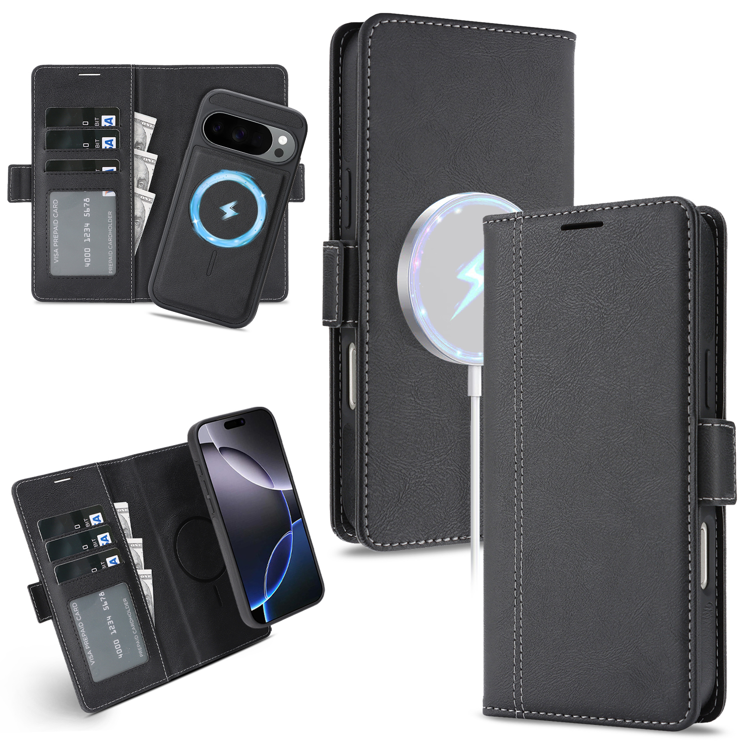 For Google Pixel 10 Pro XL / Pixel 9 Pro XL Magnetic Case Detachable 2 in 1 Leather Wallet Phone Cover - Black