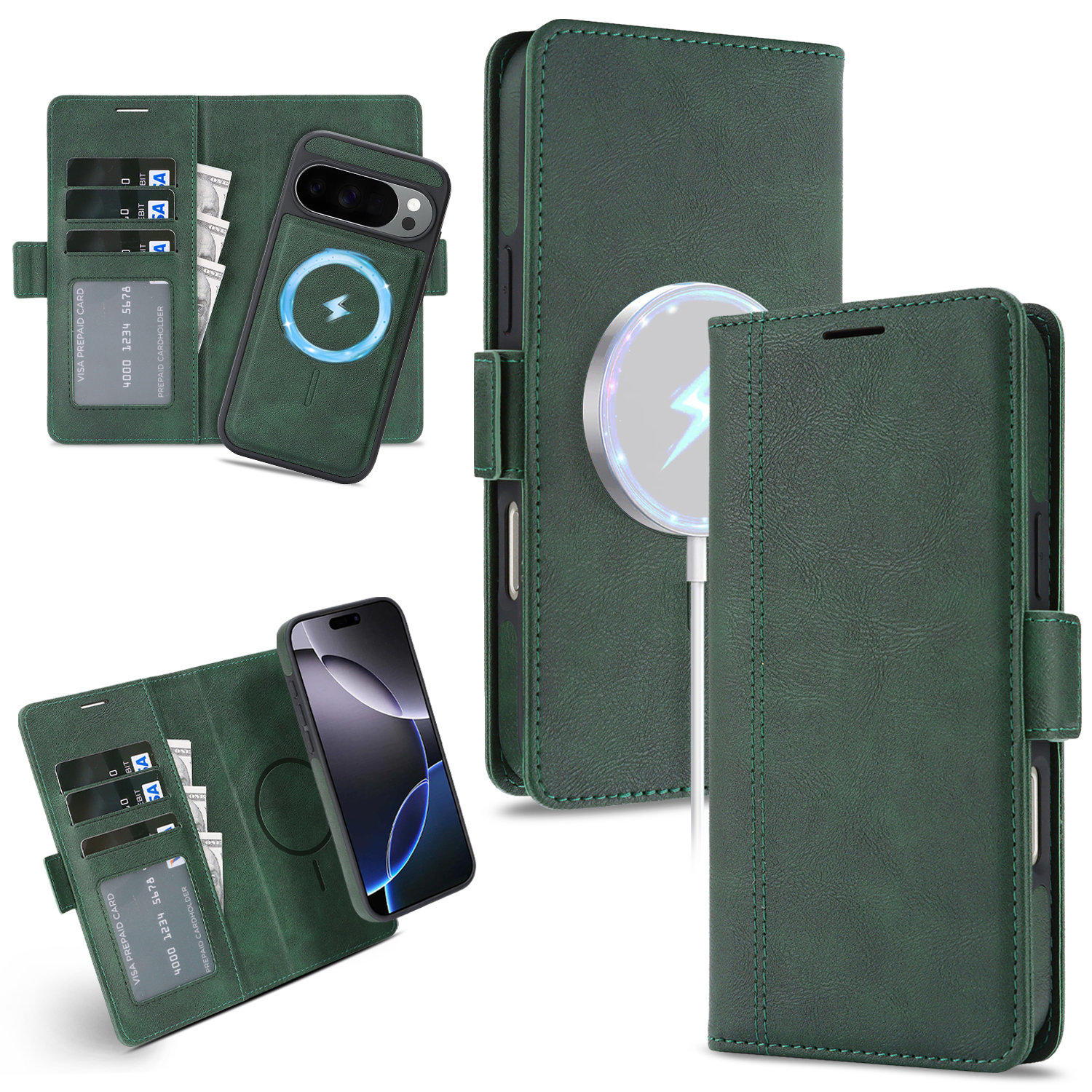 For Google Pixel 10 Pro XL / Pixel 9 Pro XL Magnetic Case Detachable 2 in 1 Leather Wallet Phone Cover - Green