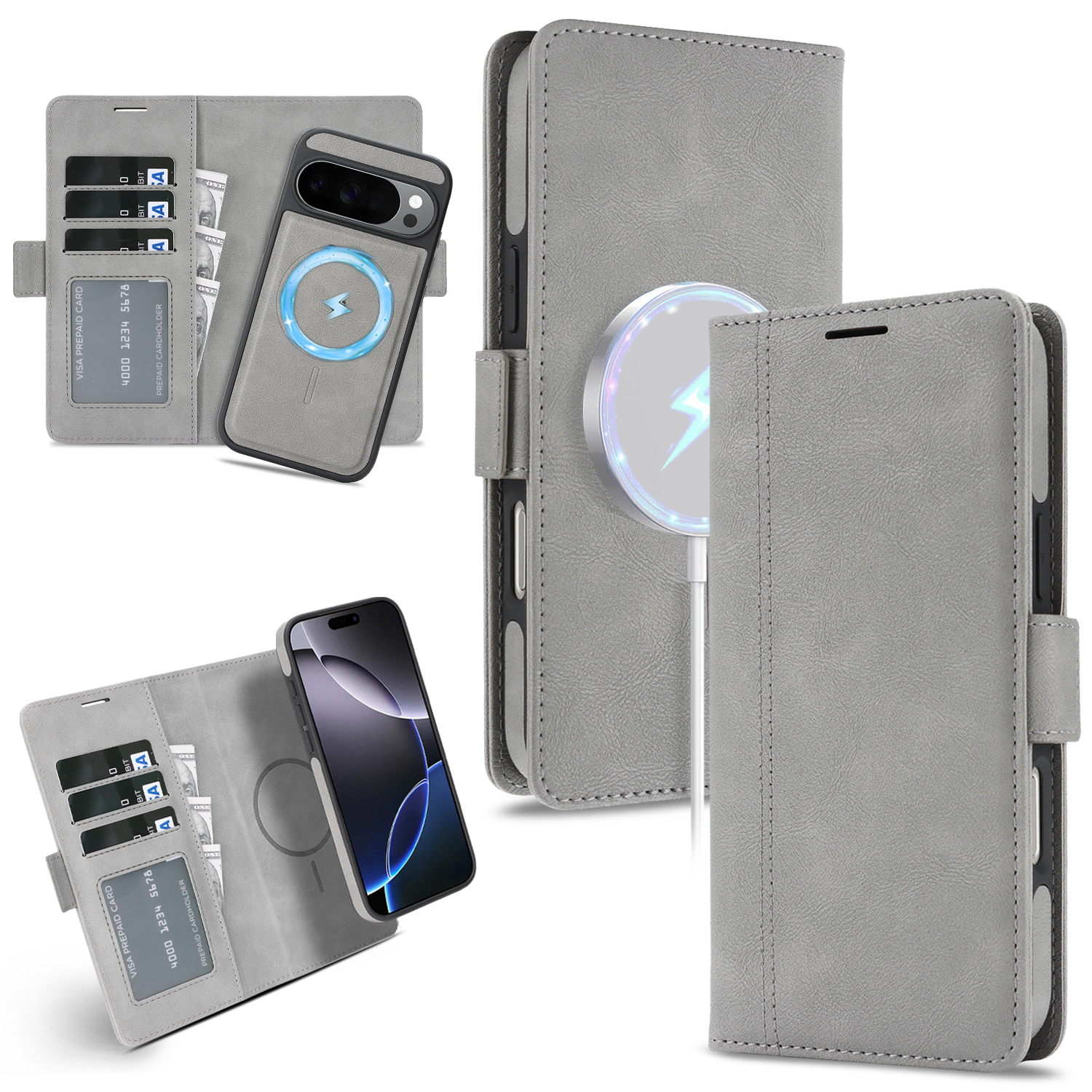 For Google Pixel 10 Pro XL / Pixel 9 Pro XL Magnetic Case Detachable 2 in 1 Leather Wallet Phone Cover - Grey