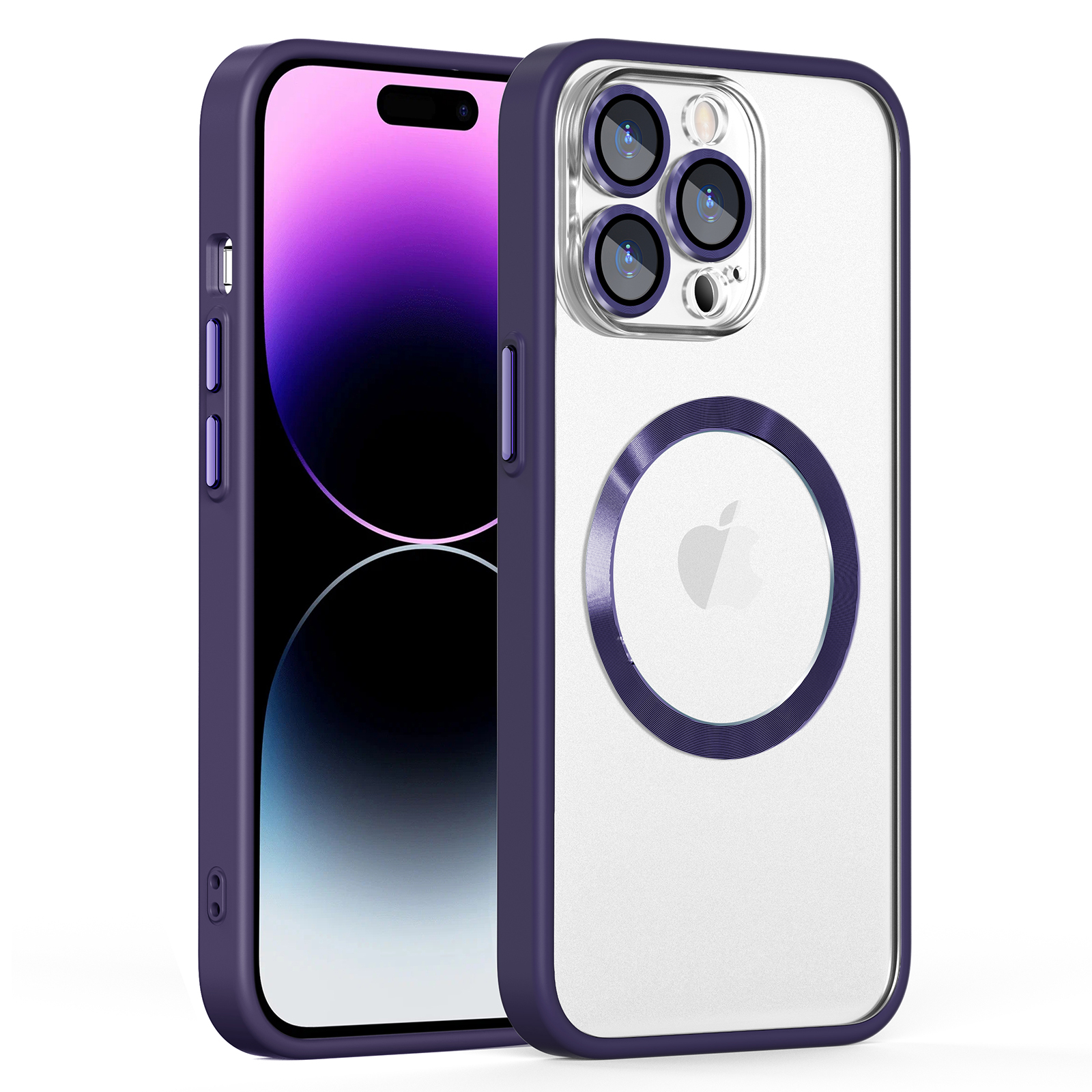

For iPhone 14 Pro Max Phone Case Compatible with MagSafe TPU+PC Hybrid Protective Case Anti-Drop Phone Shell with Glass Lens Film - Dark Purple, iPhone 14 Pro Max