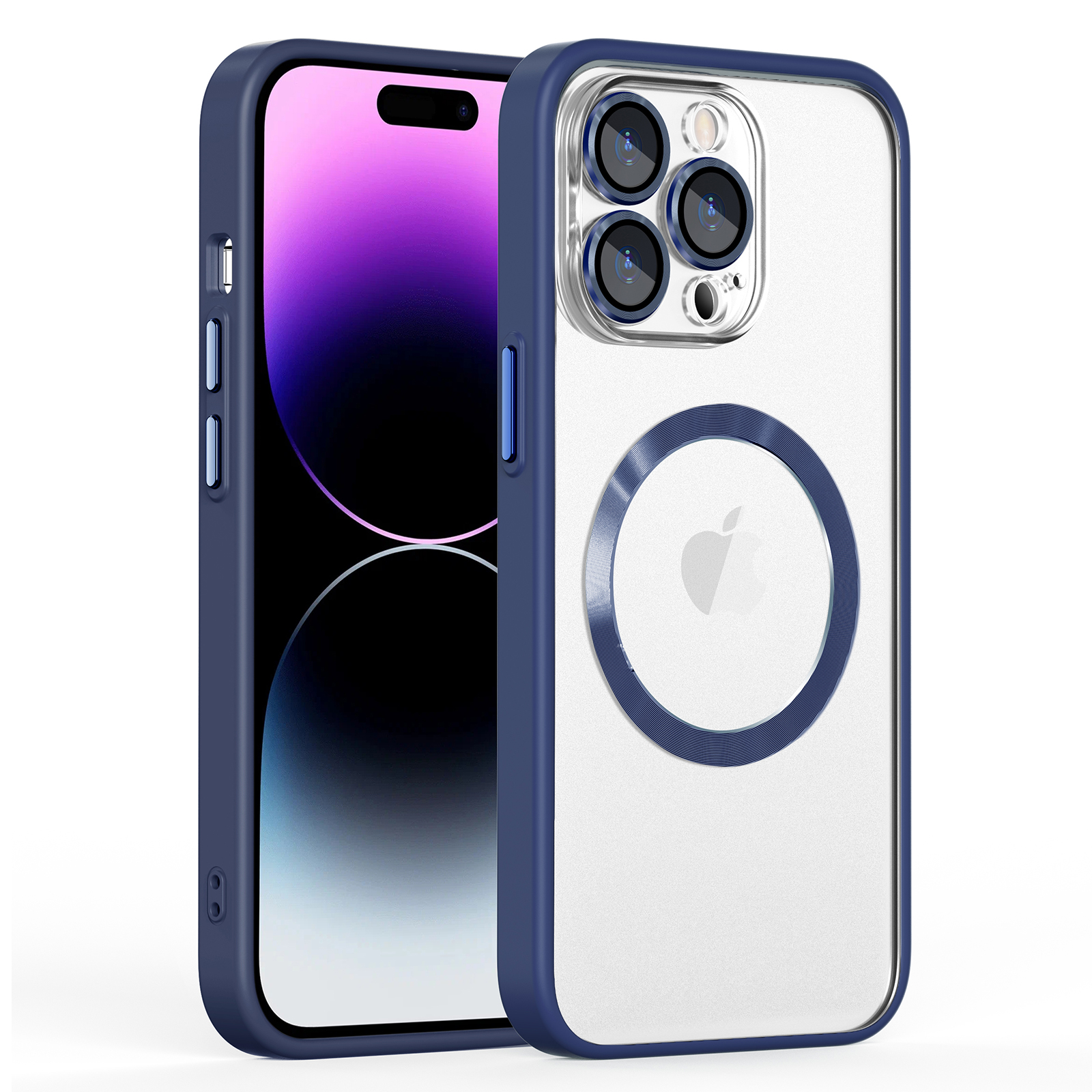 

For iPhone 14 Pro Max Phone Case Compatible with MagSafe TPU+PC Hybrid Protective Case Anti-Drop Phone Shell with Glass Lens Film - Navy Blue, iPhone 14 Pro Max