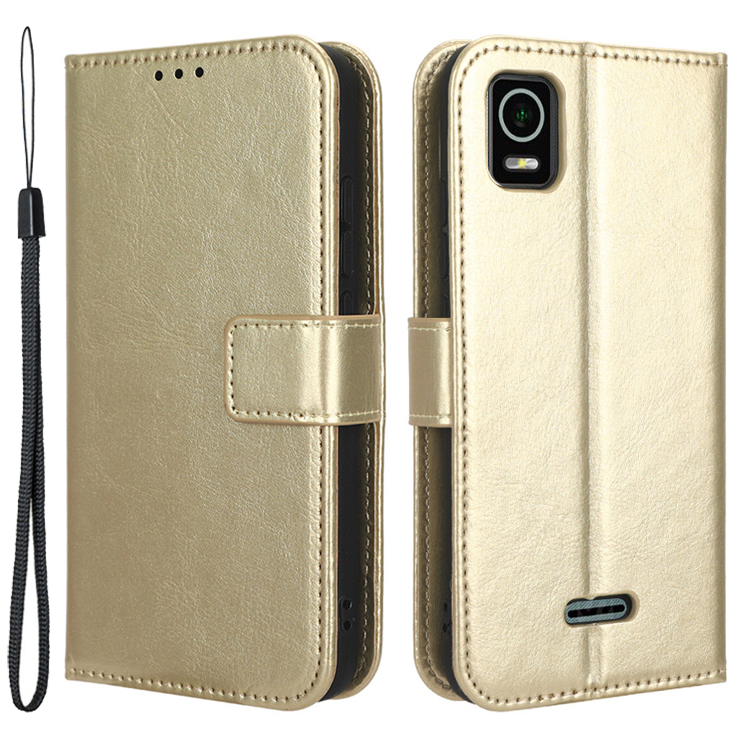

For Cricket Debut Smart Crazy Horse Texture Magnetic Clasp PU Leather Phone Case Wallet Stand Protective Cell Phone Cover with Strap - Gold, Cricket Debut Smart