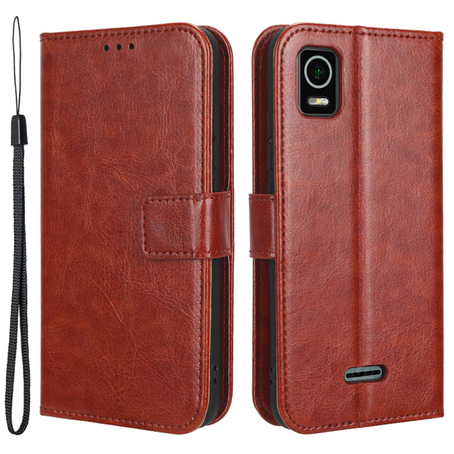 

For Cricket Debut Smart Crazy Horse Texture Magnetic Clasp PU Leather Phone Case Wallet Stand Protective Cell Phone Cover with Strap - Brown, Cricket Debut Smart