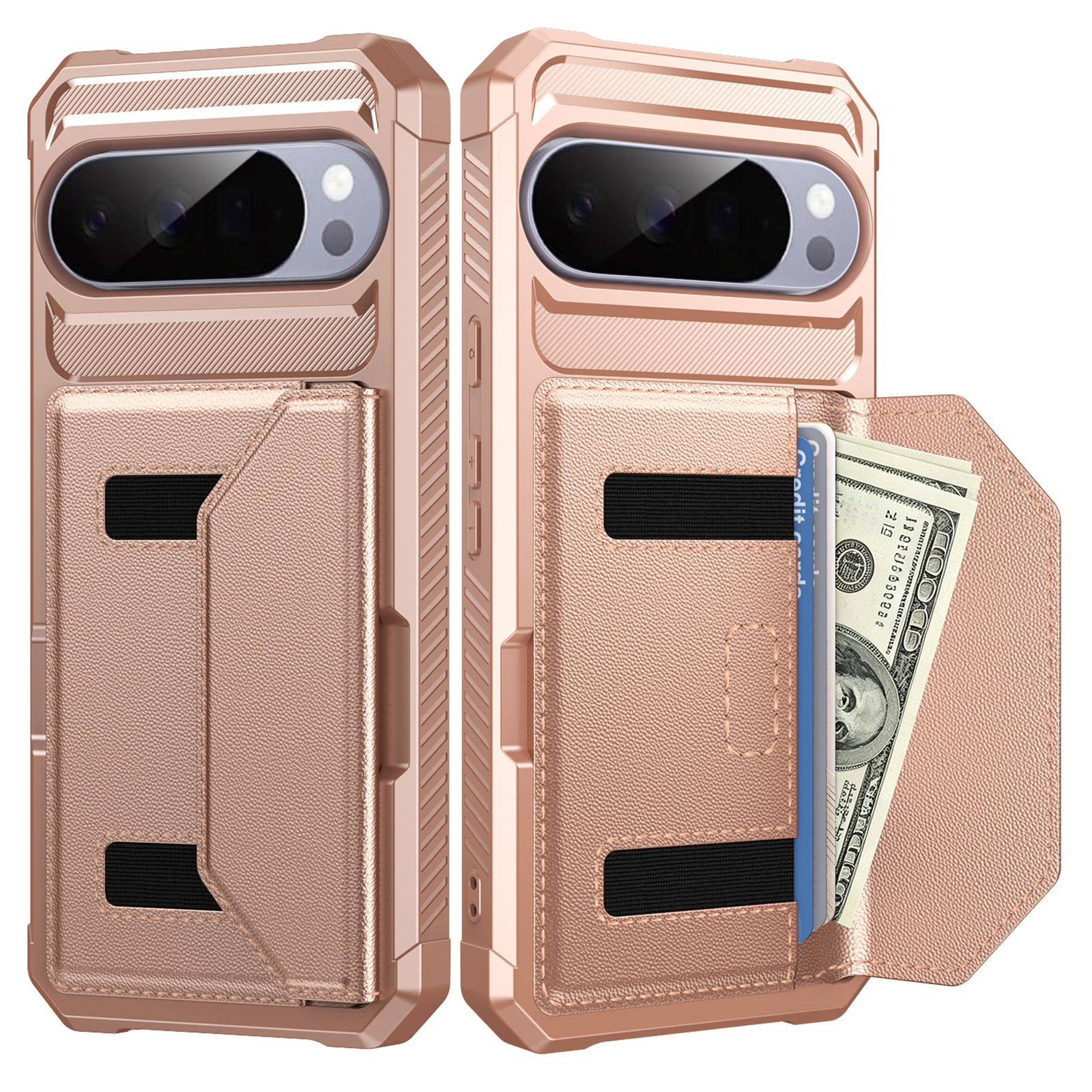 For Google Pixel 10 Pro XL Case Card Holder Leather + TPU Anti-drop Phone Cover - Rose Gold