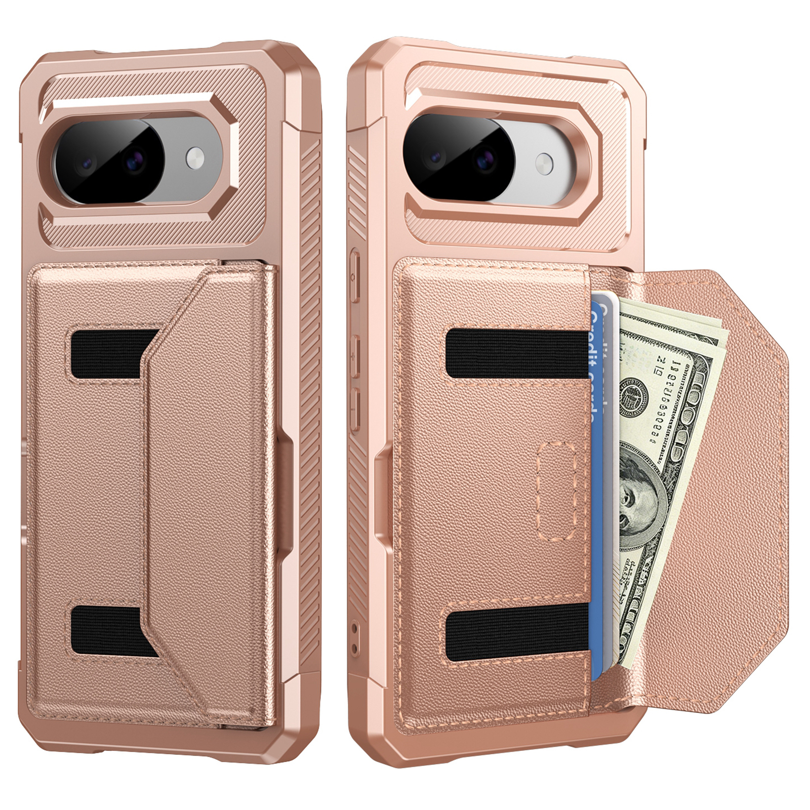 For Google Pixel 10a Case Card Holder Leather + TPU Anti-drop Phone Cover - Rose Gold