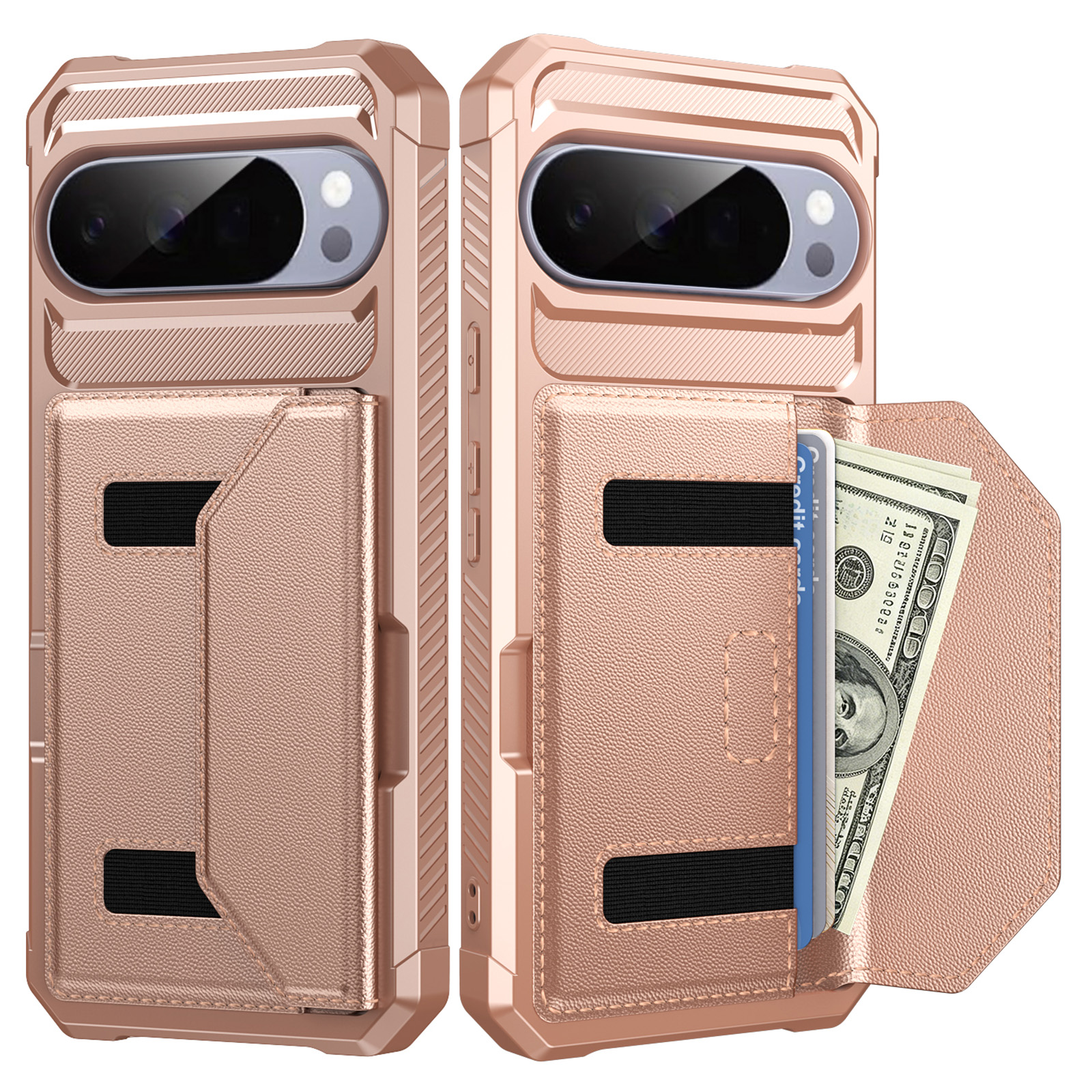 For Google Pixel 11 Pro XL Case Card Holder Leather + TPU Anti-drop Phone Cover - Rose Gold