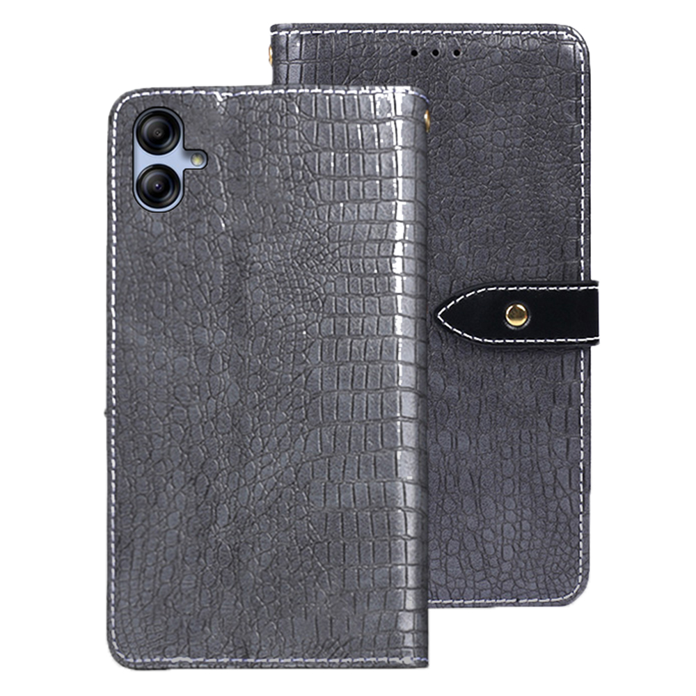 

IDEWEI Phone Flip Cover for Samsung Galaxy A04e 4G / F04 4G / M04 4G , Magnetic Closure Crocodile Texture PU Leather Wallet Stand Phone Case - Grey, Galaxy A04e 4G
