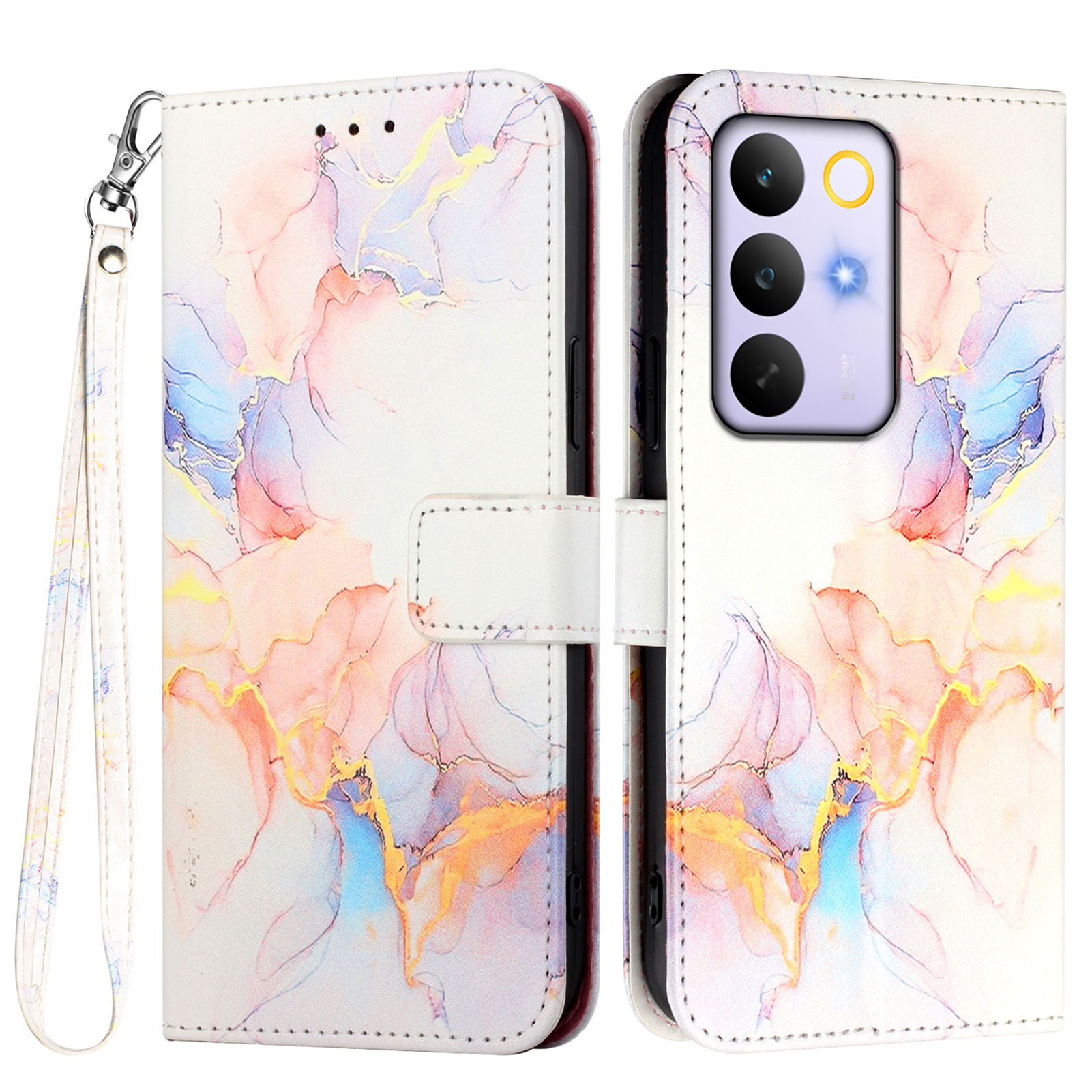 For Realme C85 5G / Realme C83 5G / Realme C100 5G Case with Strap Marble Pattern Leather Phone Cover Card Holder - Milky Way Marble White LS004