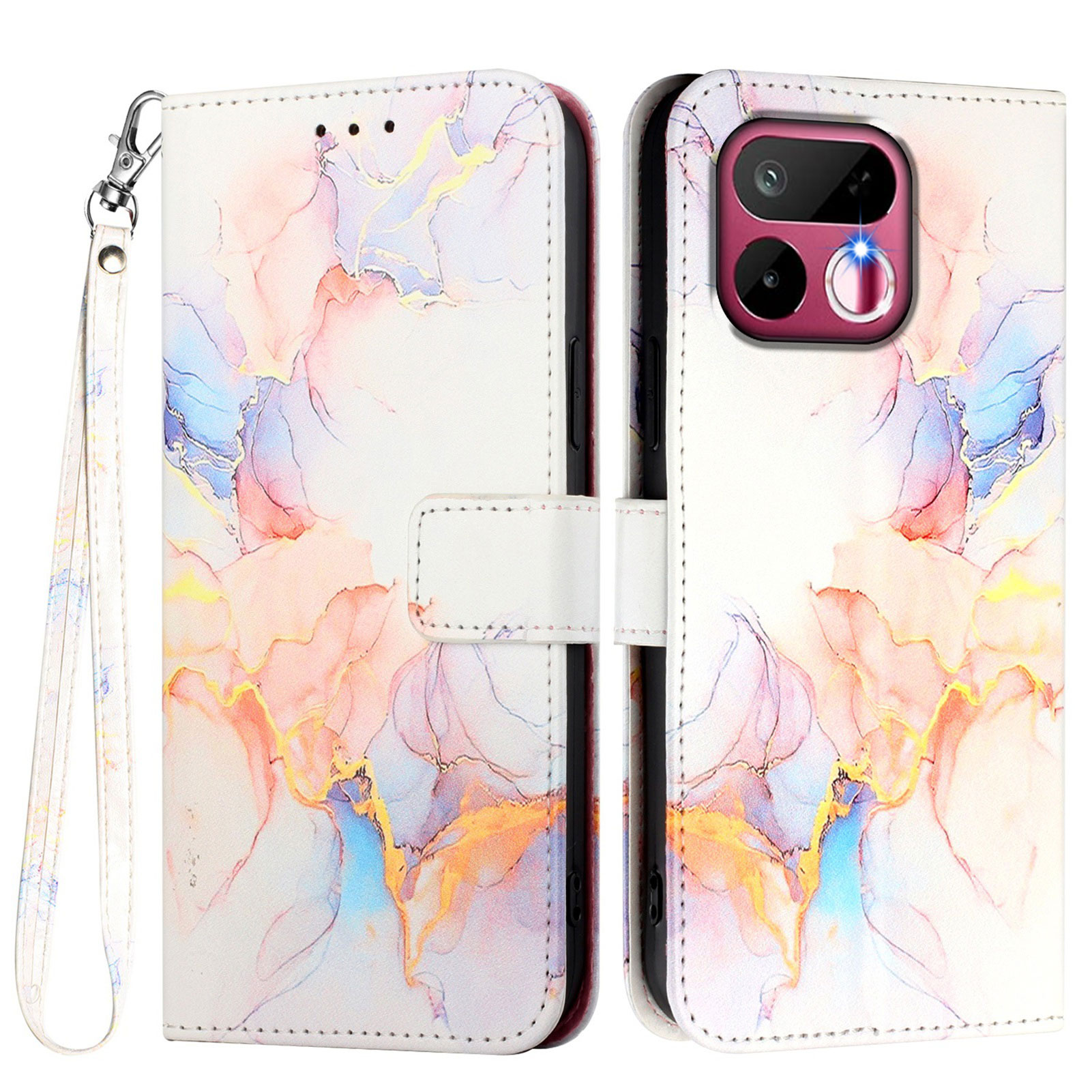 For Realme 16T 5G Case with Strap Marble Pattern Leather Phone Cover Card Holder - Milky Way Marble White LS004