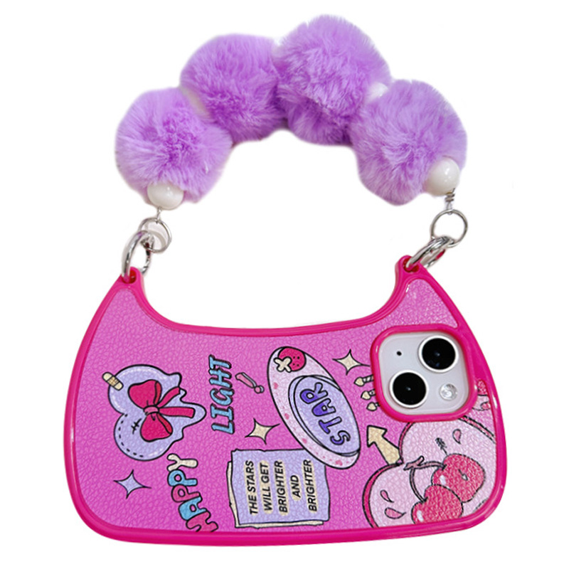 

For iPhone 13 mini 5.4 inch Fluffy Ball Decor Strap Cell Phone Cover Easy Carrying Pink Cherry Pattern Printing Phone Case, iPhone 13 mini