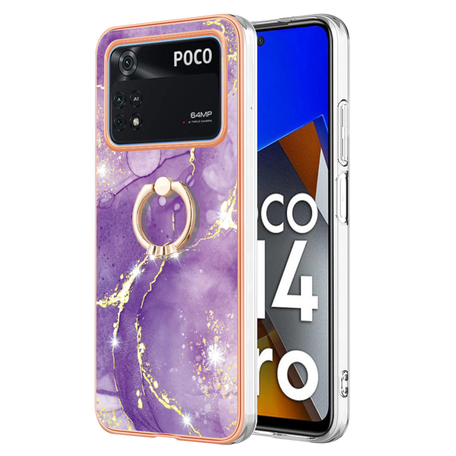 

Für Xiaomi Poco M4 Pro 4G YB IMD Series-10 Ring Kickstand Elektroplieren Weiche Tpu-hülle IMD Marmor Muster Schutzhülle - Lila 002, Xiaomi Poco M4 Pro 4G