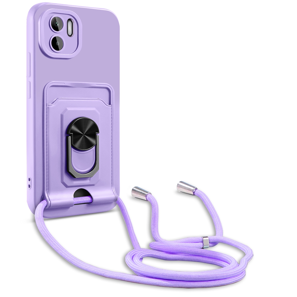 

Für Xiaomi Redmi A1 4G Precise Objektiv Ausschnitt PC+TPU Anti-drop-telefonhülle Ring-kick-stand-kartenhalterabdeckung Mit Lanyard - Violett, Xiaomi Redmi A2 4G