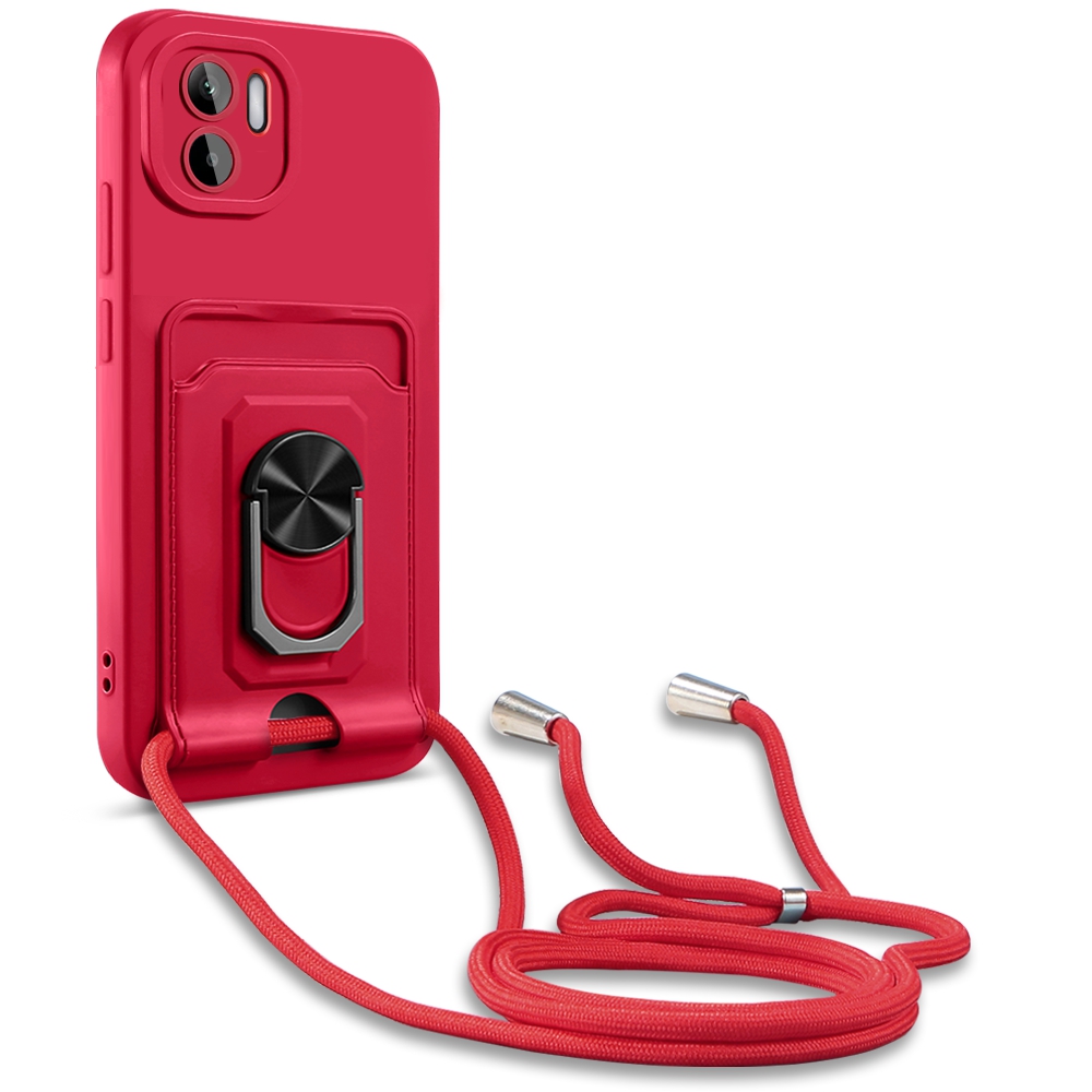 

Für Xiaomi Redmi A1 4G Precise Objektiv Ausschnitt PC+TPU Anti-drop-telefonhülle Ring-kick-stand-kartenhalterabdeckung Mit Lanyard - Rot, Xiaomi Redmi A2 4G
