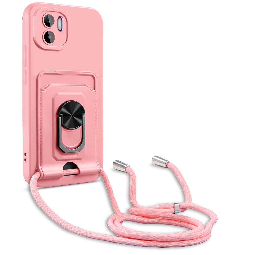 

Für Xiaomi Redmi A1 4G Precise Objektiv Ausschnitt PC+TPU Anti-drop-telefonhülle Ring-kick-stand-kartenhalterabdeckung Mit Lanyard - Rosa, Xiaomi Redmi A2 4G