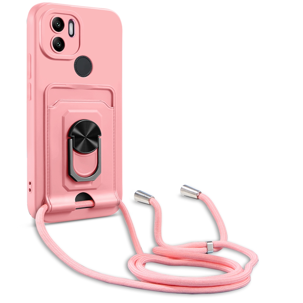 

Für Xiaomi Redmi A1+ 4G Precise Objektivausschnittsringhalter Kickstand -hälfte Kartenhalter Pc+ Tpu Hybrid -hybridabdeckung Mit Lanyard - Rosa, Xiaomi Redmi A1+ 4G