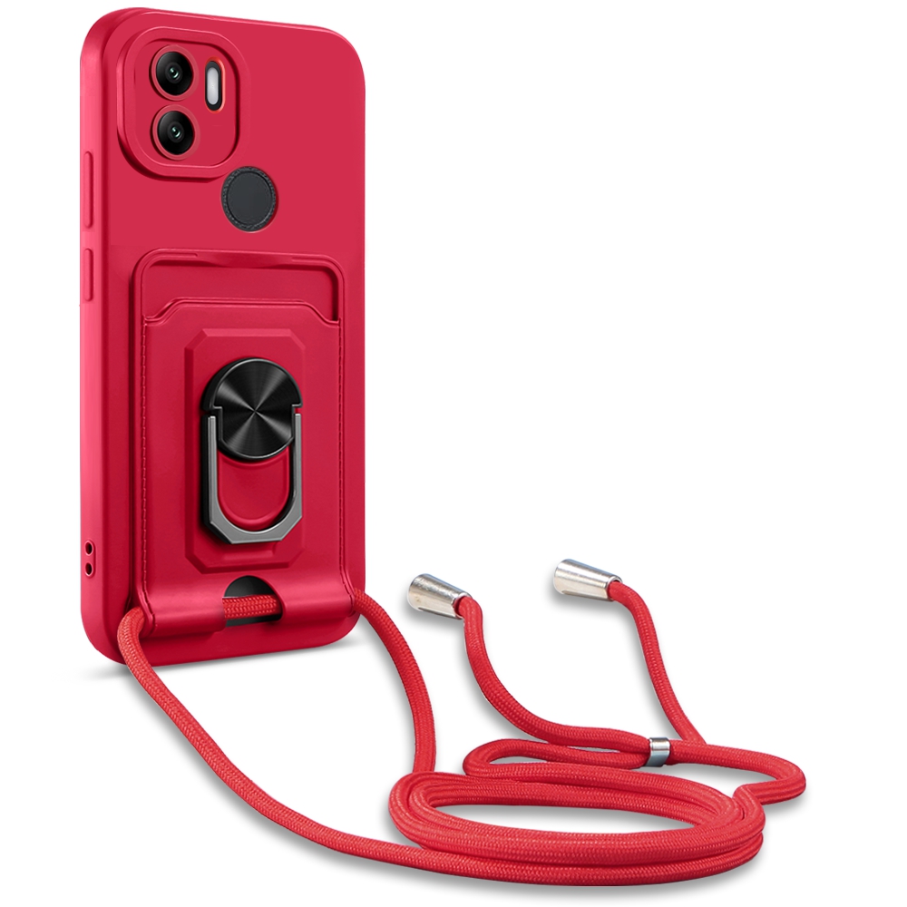 

Für Xiaomi Redmi A1+ 4G Precise Objektivausschnittsringhalter Kickstand -hälfte Kartenhalter Pc+ Tpu Hybrid -hybridabdeckung Mit Lanyard - Rot, Xiaomi Redmi A1+ 4G