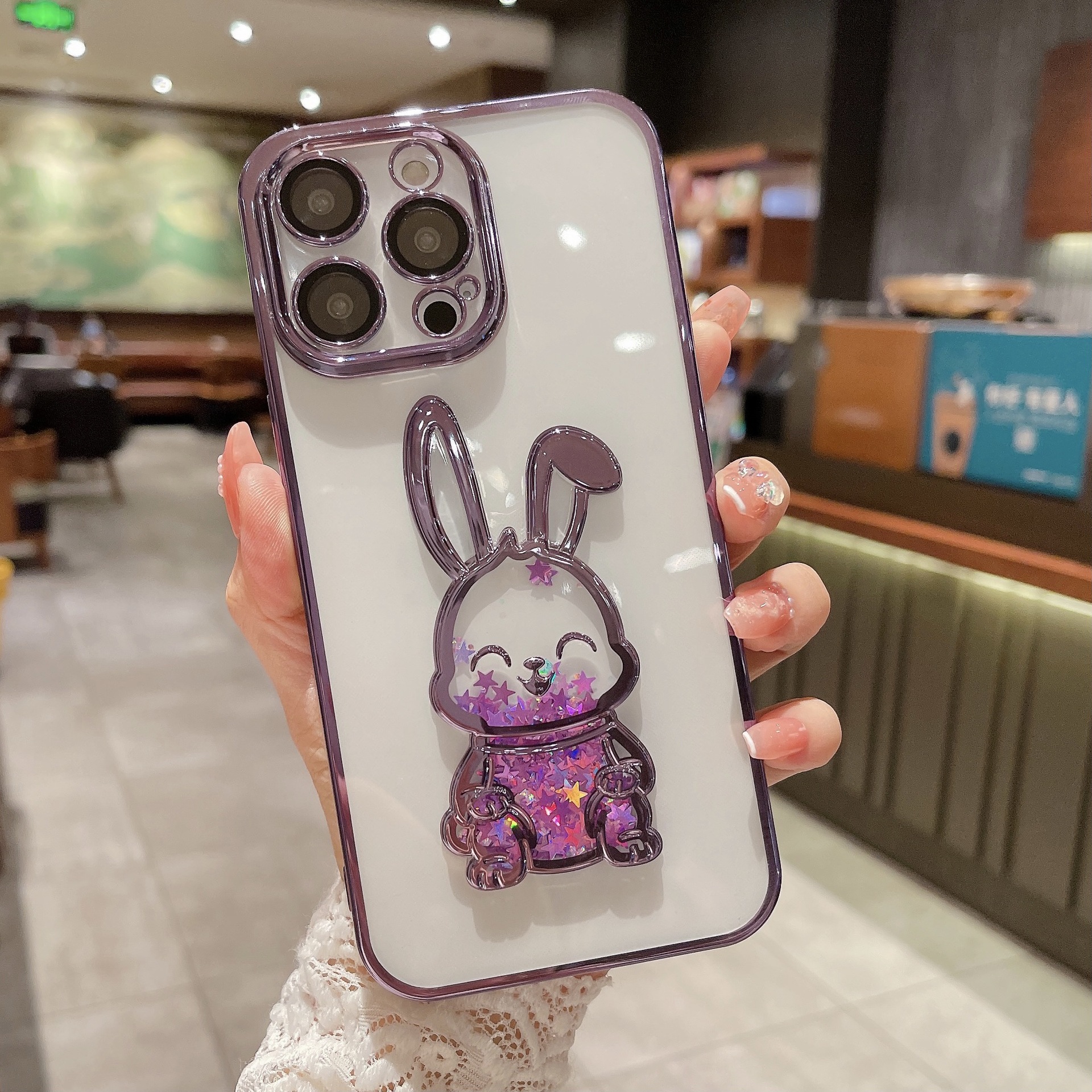 

For iPhone 13 Pro 6.1 inch Quicksand Cute Rabbit TPU Cover Electroplating Transparent Phone Case with Tempered Glass Lens Film - Purple, iPhone 13 Pro