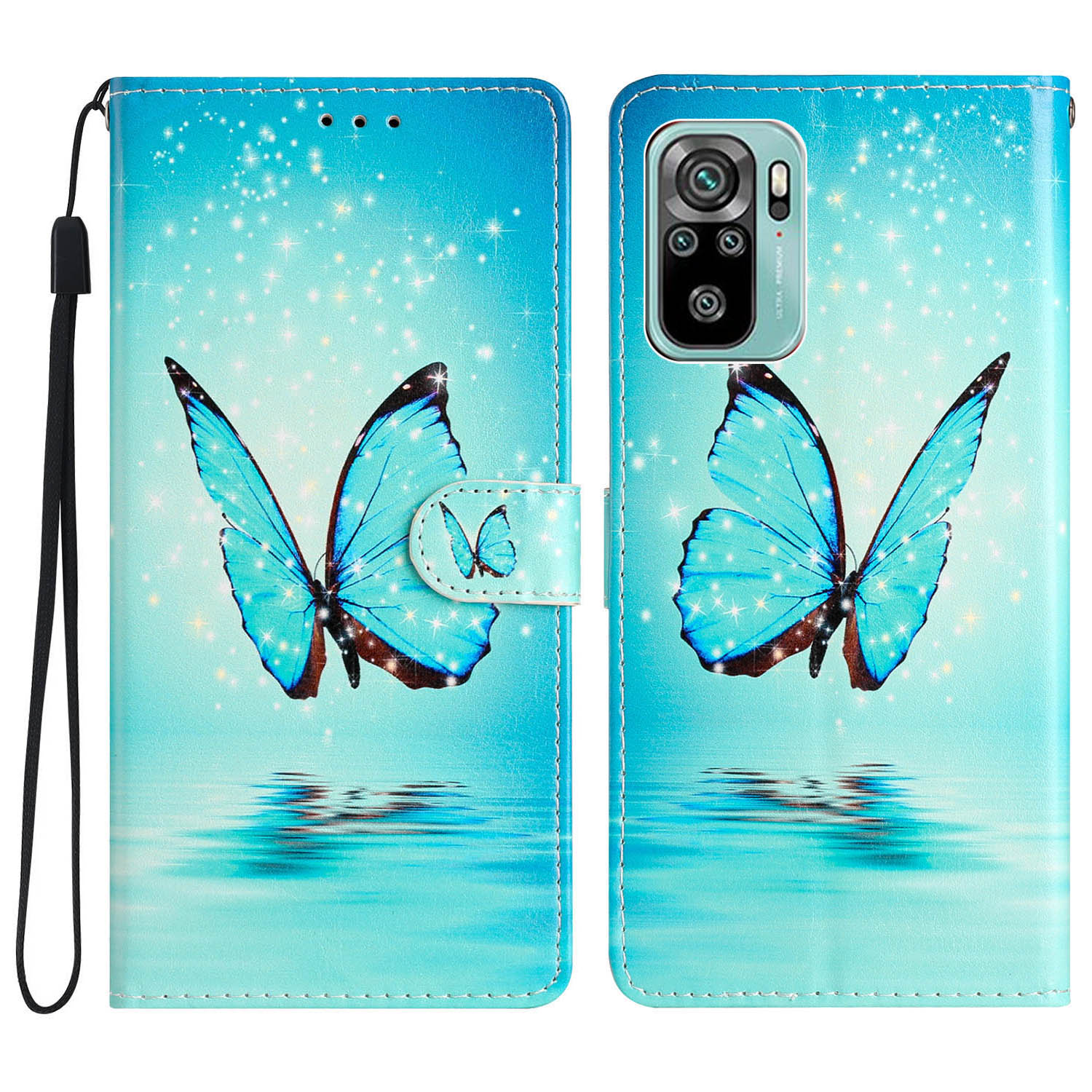 

Für Xiaomi Redmi Note 10 4g / Hinweis 10S 4G PU Leder Flip Wallet Haufen Muster Druckständer Magnetische Schließung Telefonabdeckung Mit Riemen - Blauer Schmetterling, Xiaomi Redmi Note 10 4G