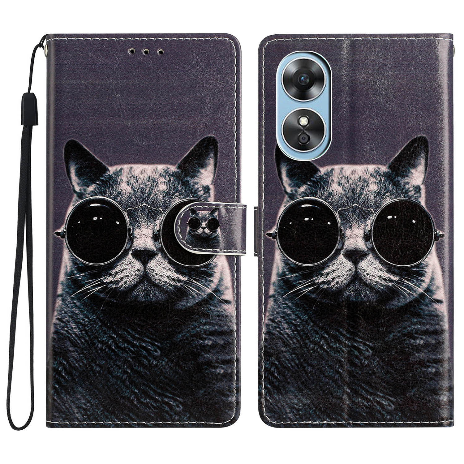 

Für Oppo A17 4G PU Ledermuster Drucker Telefonhülle Magnetverschluss Ständer Brieftasche Folio Schutzabdeckung Mit Riemen - Brille Katze, Oppo A17 4G