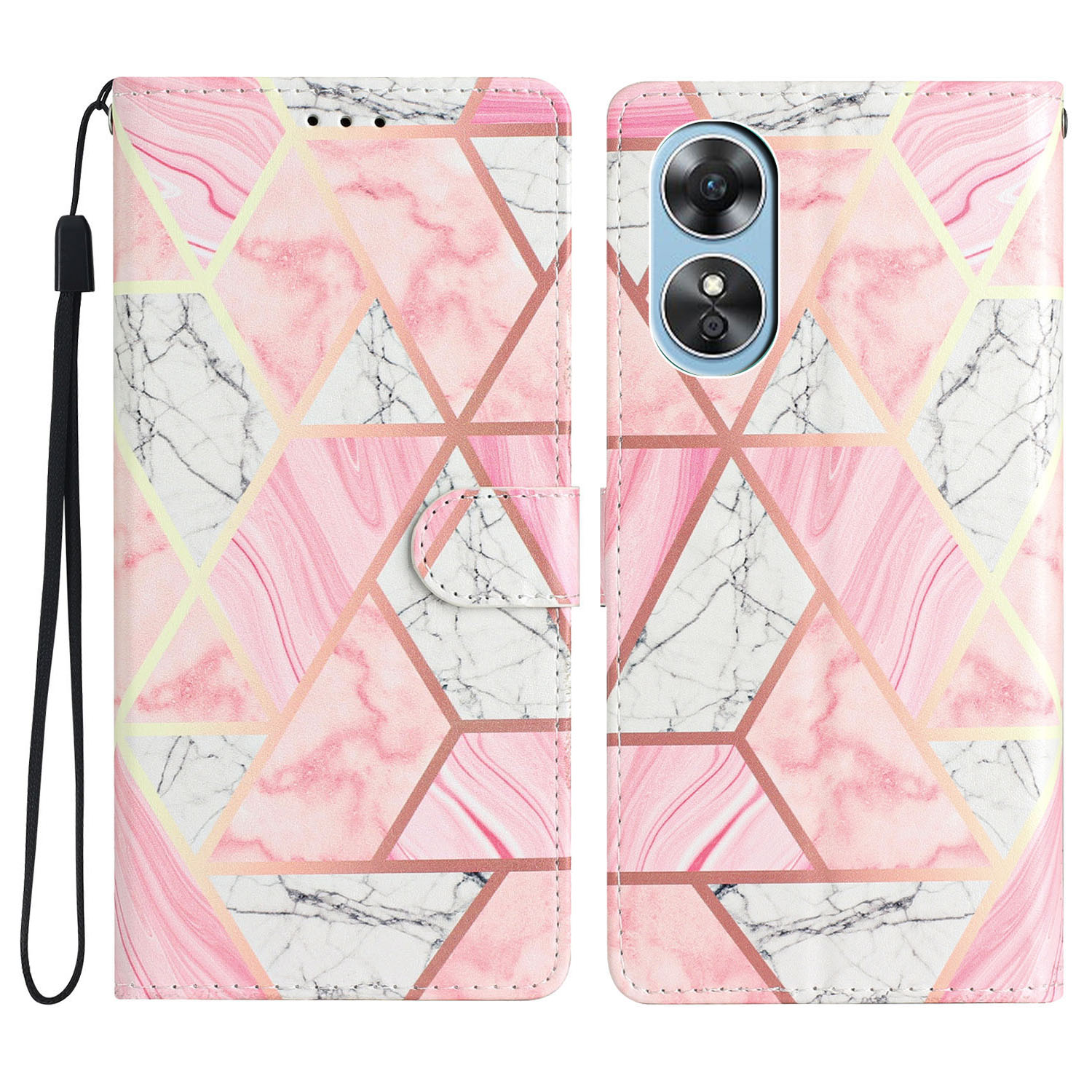 

Für Oppo A17 4G PU Ledermuster Drucker Telefonhülle Magnetverschluss Ständer Brieftasche Folio Schutzabdeckung Mit Riemen - Rosa Marmor, Oppo A17 4G
