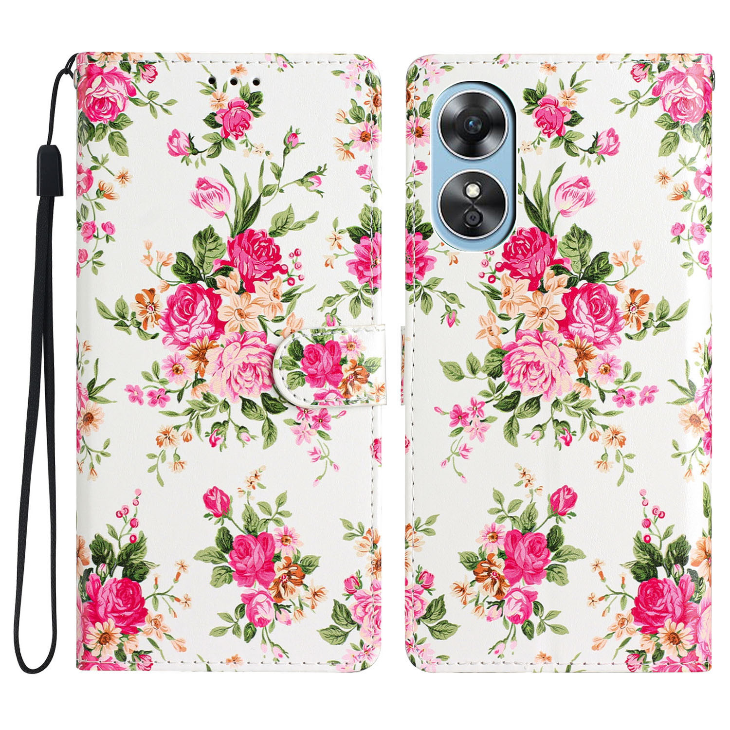

Für Oppo A17 4G PU Ledermuster Drucker Telefonhülle Magnetverschluss Ständer Brieftasche Folio Schutzabdeckung Mit Riemen - Rote Blumen, Oppo A17 4G