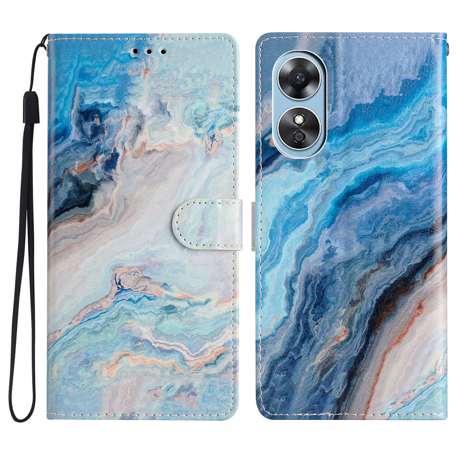 

Für Oppo A17 4G PU Ledermuster Drucker Telefonhülle Magnetverschluss Ständer Brieftasche Folio Schutzabdeckung Mit Riemen - Blauer Marmor, Oppo A17 4G
