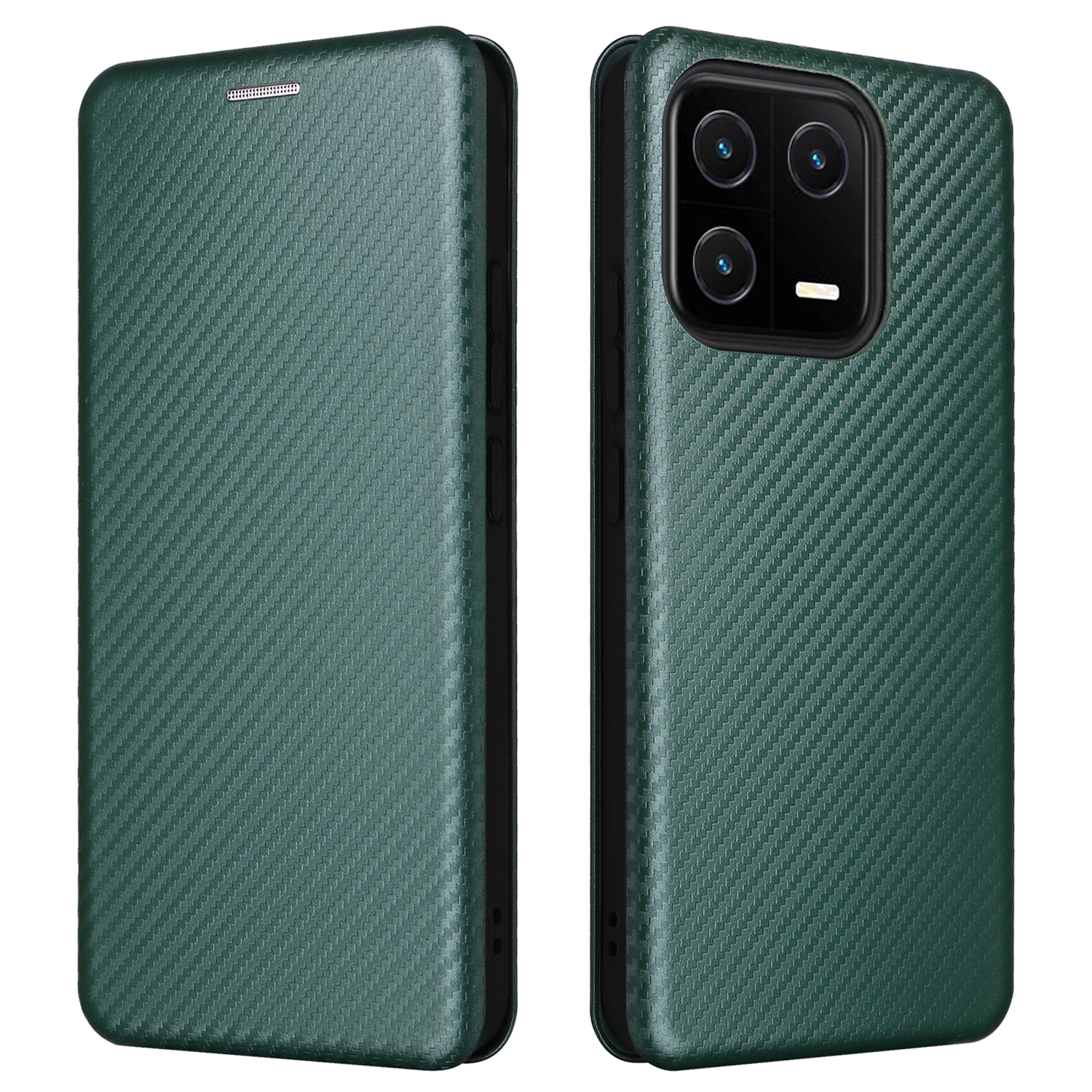 

Stoßdicht Von Mobiltelefonabdeckungen Für Xiaomi 13 5G Carbonfaser Textur Magnetischer PU Leder Anti-kratzer-telefonkarten-karten-ständer - Grün, Xiaomi 13