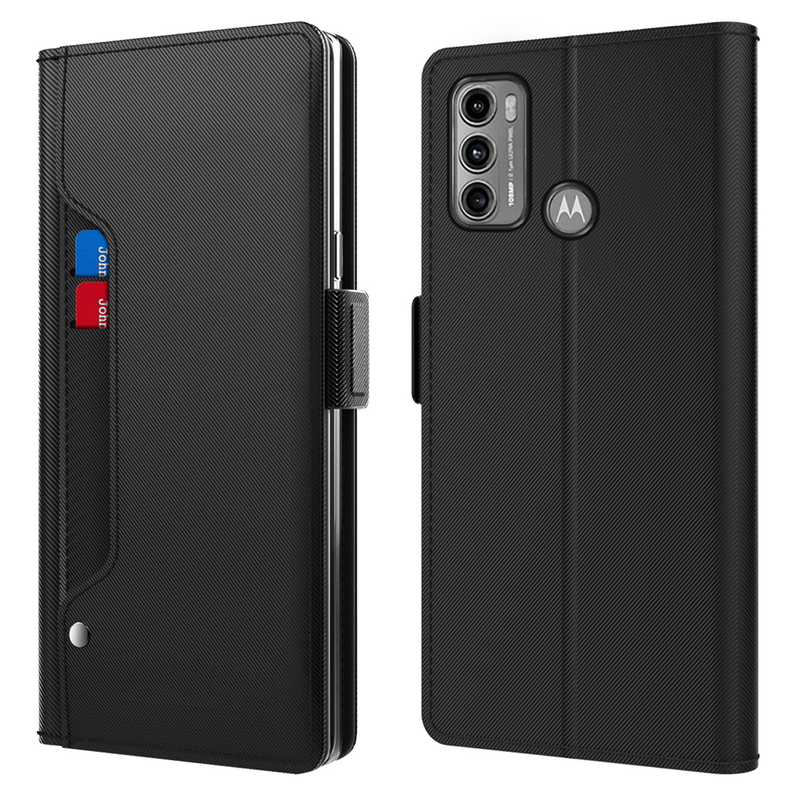 

Dual Magnetic Clasp-telefonabdeckung Für Motorola Moto G60, Pu-leder-anti-fall-flip-telefon-kartenhalterständer Mit Make-up-spiegel - Schwarz, Motorola Moto G60