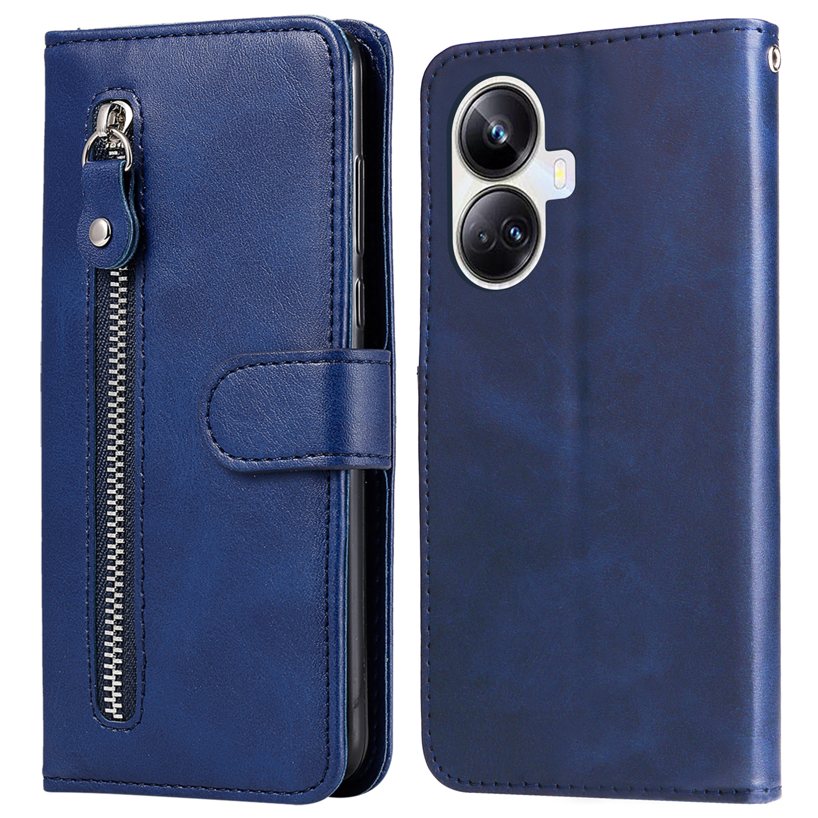 

Vollschutz Kalb Textur Telefonhülle Für Realme 10 Pro+ 5G, PU Leder Reißverschluss Taschen -flip -brieftaschenabdeckung Mit Aussichtsständer - Blau, Realme 10 Pro+ 5G