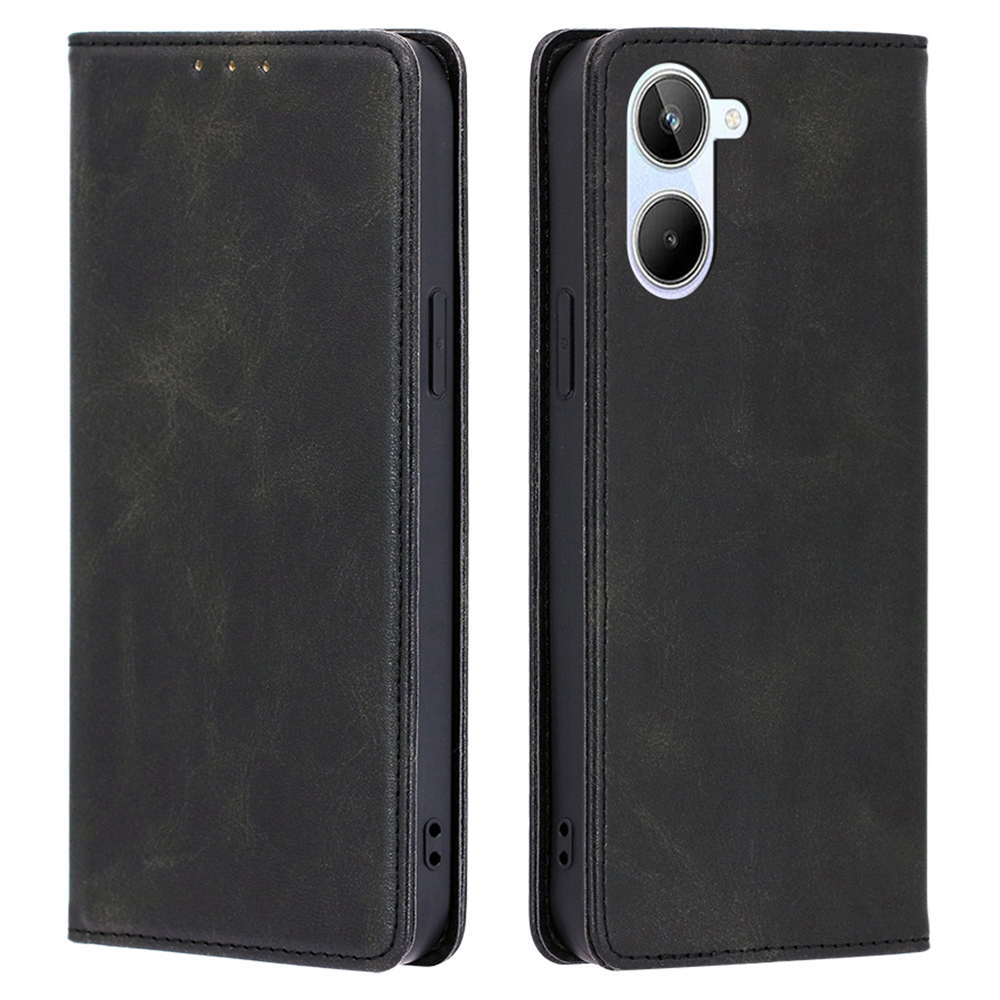 

Für Realme 10 4G Kalbstextur PU Leder Hülle Wallet Ständer Magnetische Automatisch-absorbierte Anti-drogen-telefonabdeckung - Schwarz, Realme 10 4G