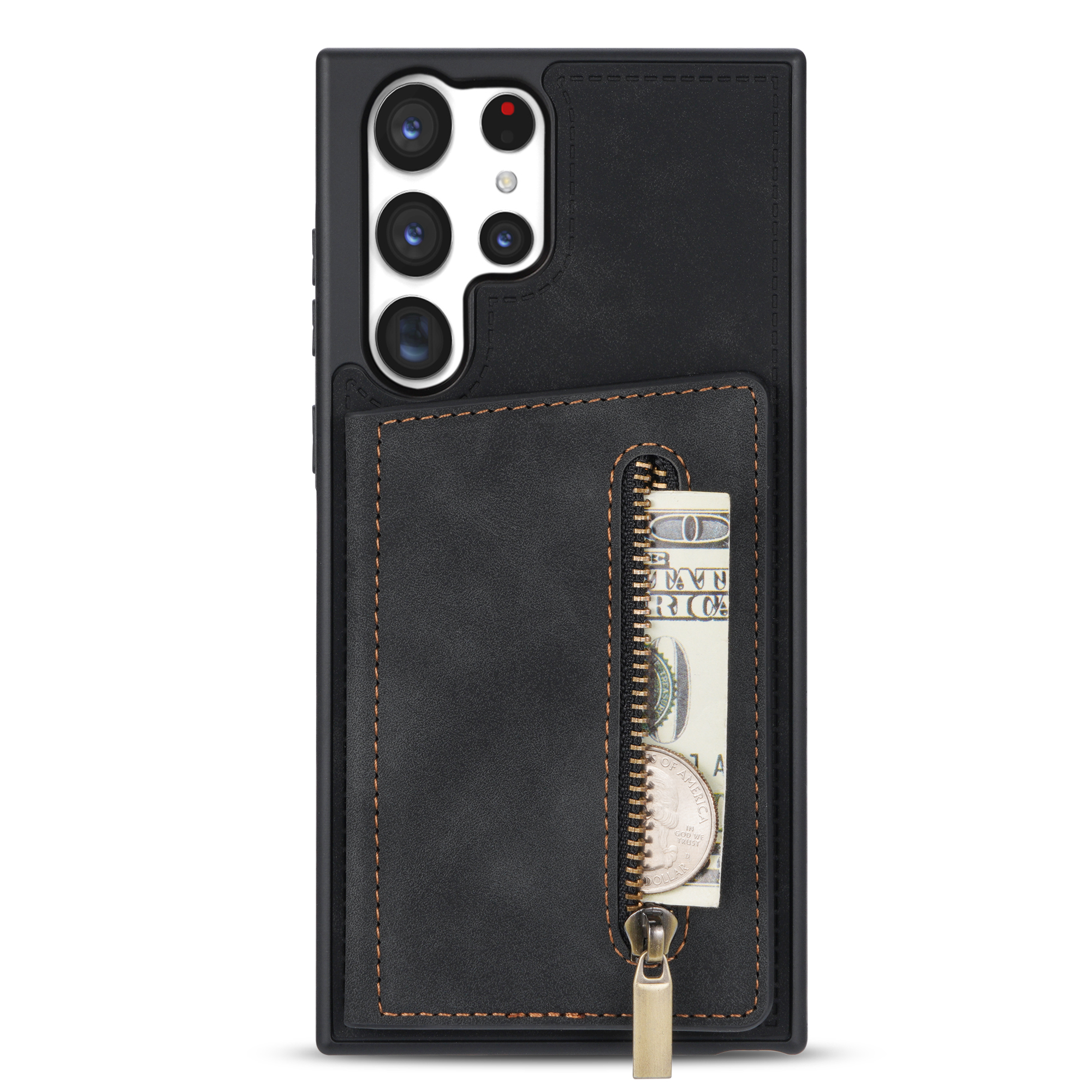 

For Samsung Galaxy S23 Ultra Zipper Pocket Wallet Phone Case PU Leather Coated TPU Kickstand Back Cover - Black, Galaxy S23 Ultra