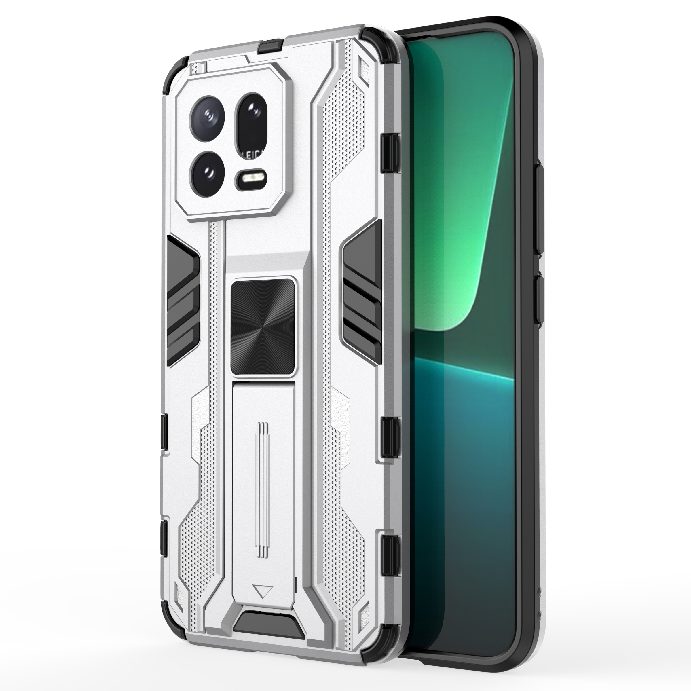 

Für Xiaomi 13 5G Hard PC Soft TPU Stoßdämpfungsfall Kickstand -telefonabdeckung Shell - Silber-, Xiaomi 13