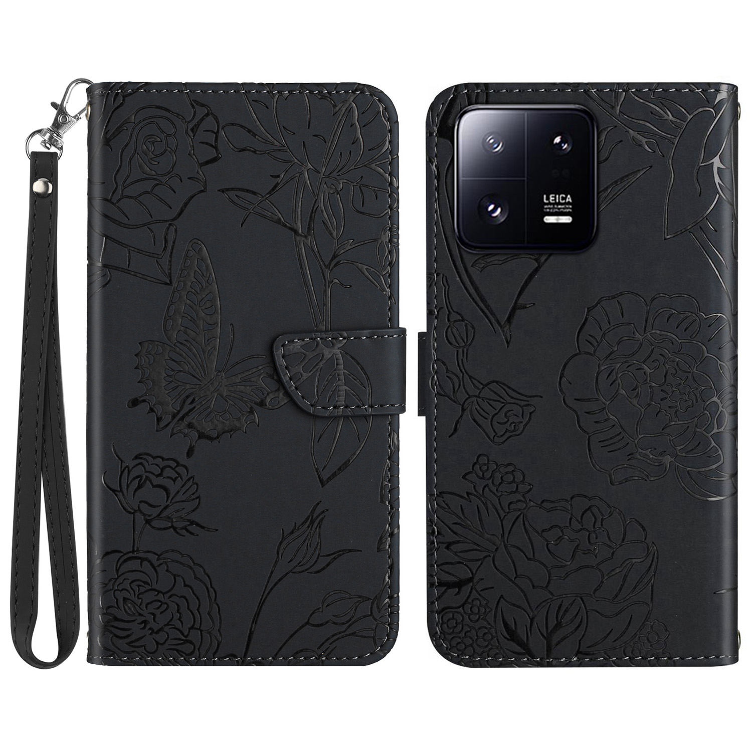 

HT03 Für Xiaomi 13 5G Schmetterlingsblumen Eingeprägte Hauttouch PU Leder Full Protection Phone Cover Wallet Stand Smartphone Hülle Mit Riemen - Schwarz, Xiaomi 13