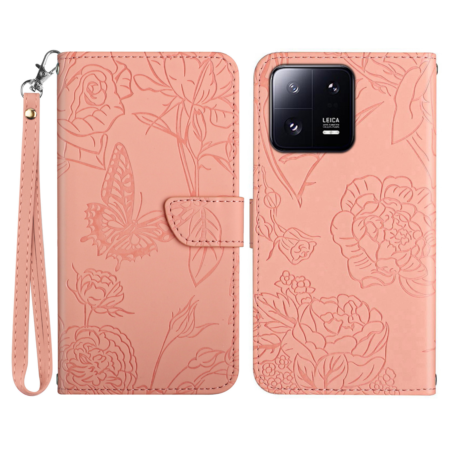 

HT03 Für Xiaomi 13 5G Schmetterlingsblumen Eingeprägte Hauttouch PU Leder Full Protection Phone Cover Wallet Stand Smartphone Hülle Mit Riemen - Rosa, Xiaomi 13