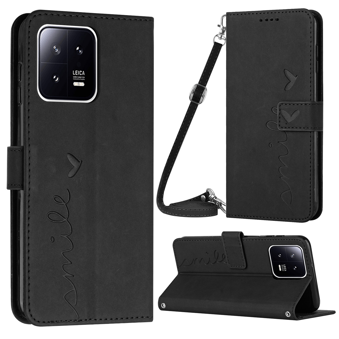 

Für Xiaomi 13 5G Stand PU Leder Brieftasche Flip Cover Geprägtes Herz Form Hauttouch Feeling Schockdelie Telefon Mit Schultergurt - Schwarz, Xiaomi 13